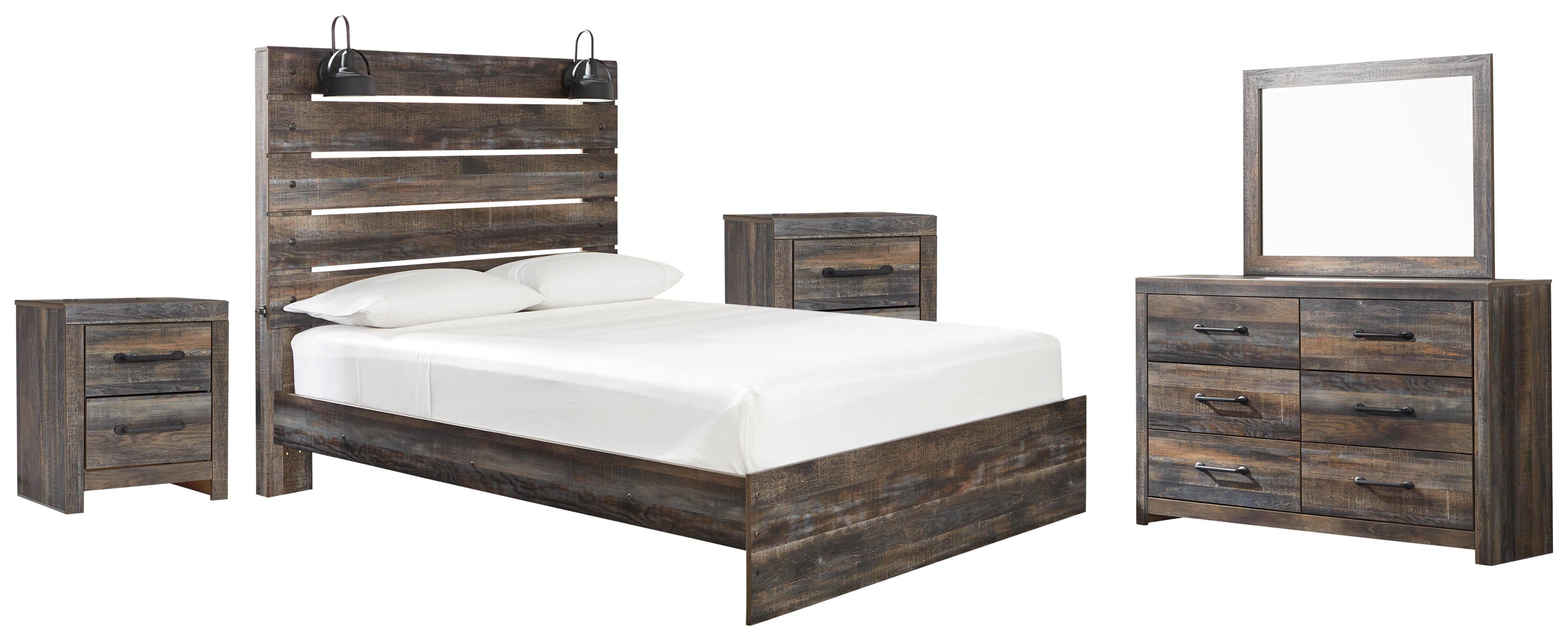Best Furniture Outlet - Ashley Furniture - Drystan Bedroom - Queen Panel Bed, Dresser, Mirror and 2 Nightstands / Multi - B211B31
