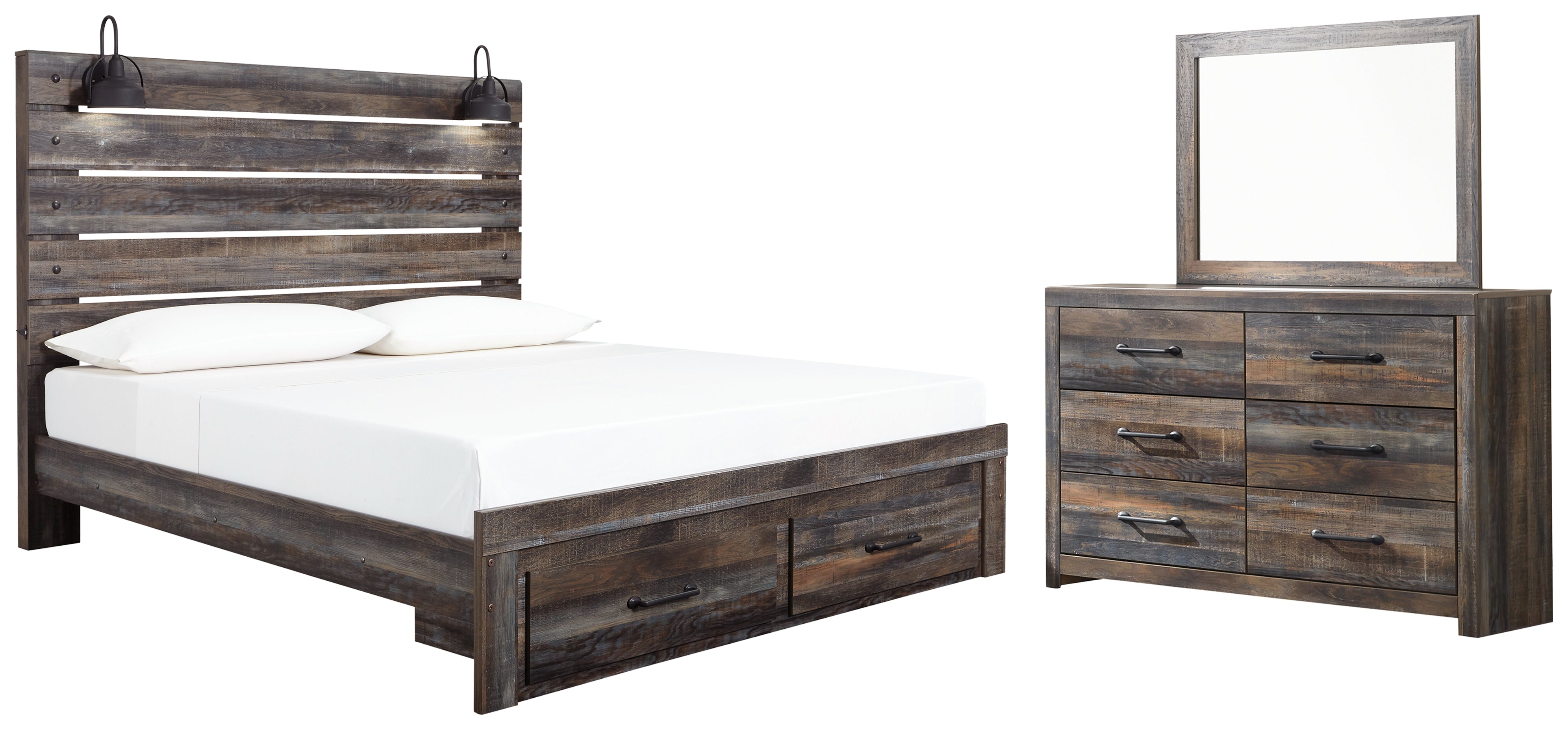 Best Furniture Outlet - Ashley Furniture - Drystan Bedroom - King Panel Storage Bed, Dresser and Mirror / Multi - B211B58