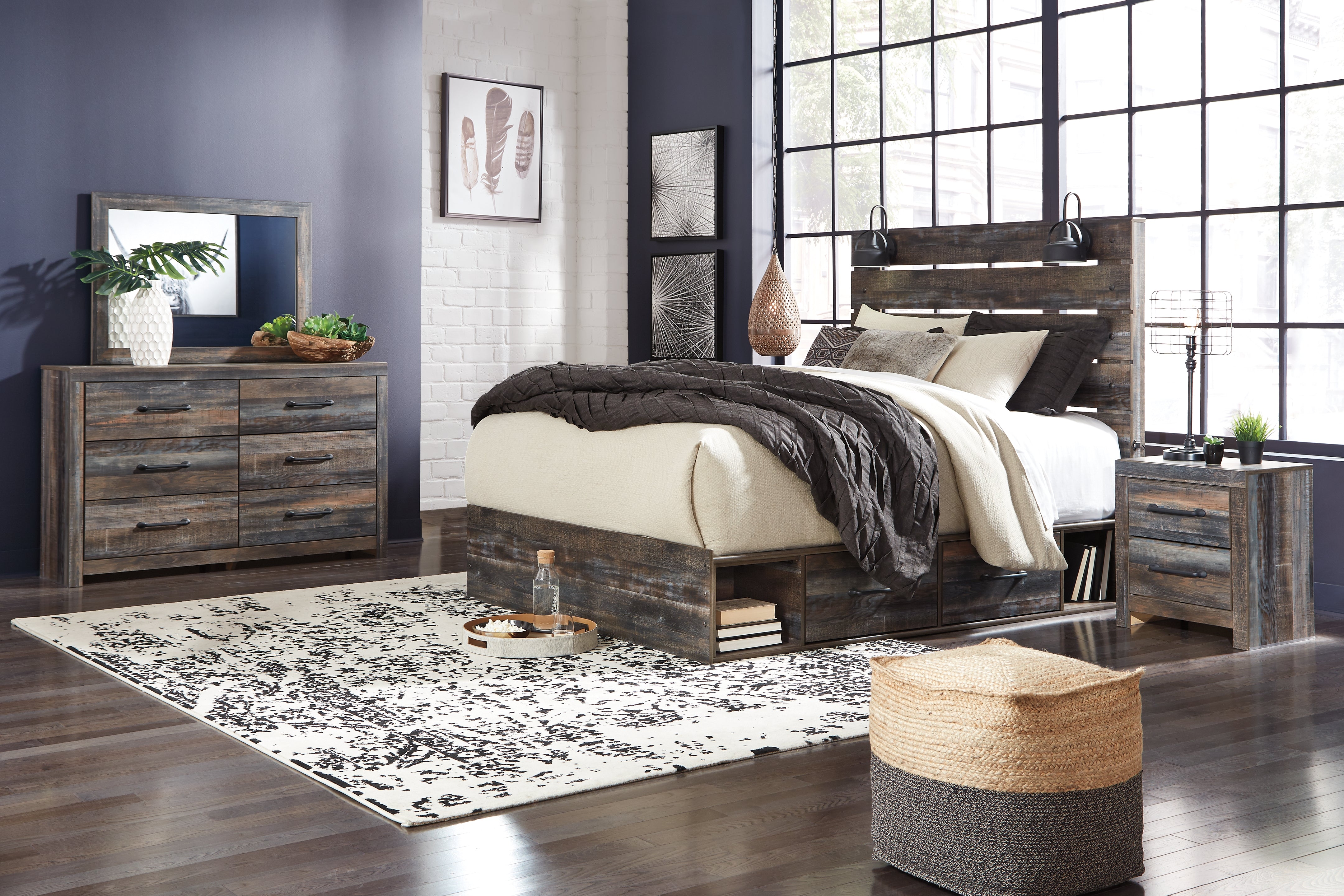 Best Furniture Outlet - Ashley Furniture - Drystan Bedroom - Queen Panel Bed with Mirrored Dresser and Nightstand / Multi - B211B56