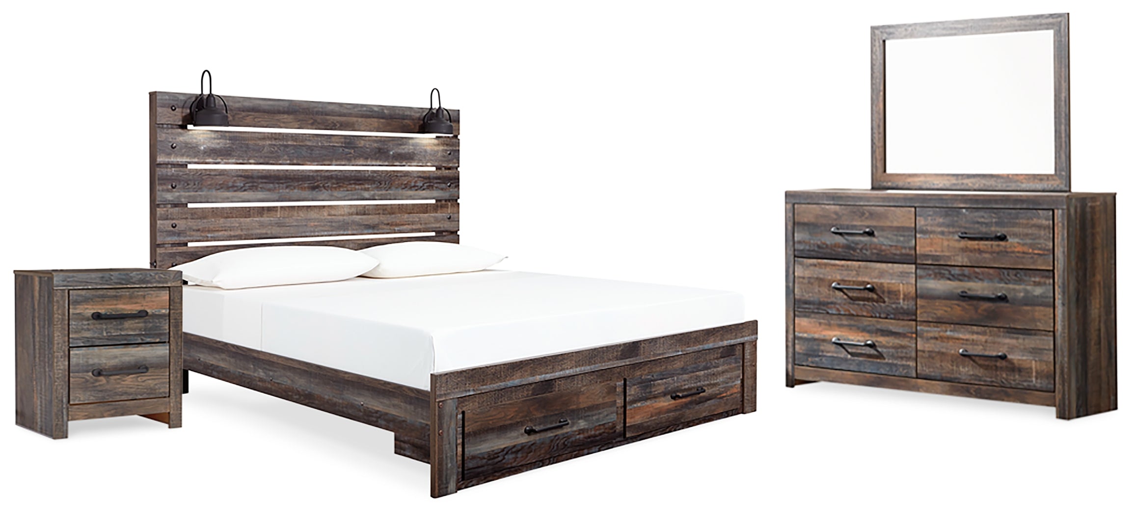 Best Furniture Outlet - Ashley Furniture - Drystan Bedroom - King Panel Storage Bed, Dresser, Mirror and Nightstand / Multi - B211B67