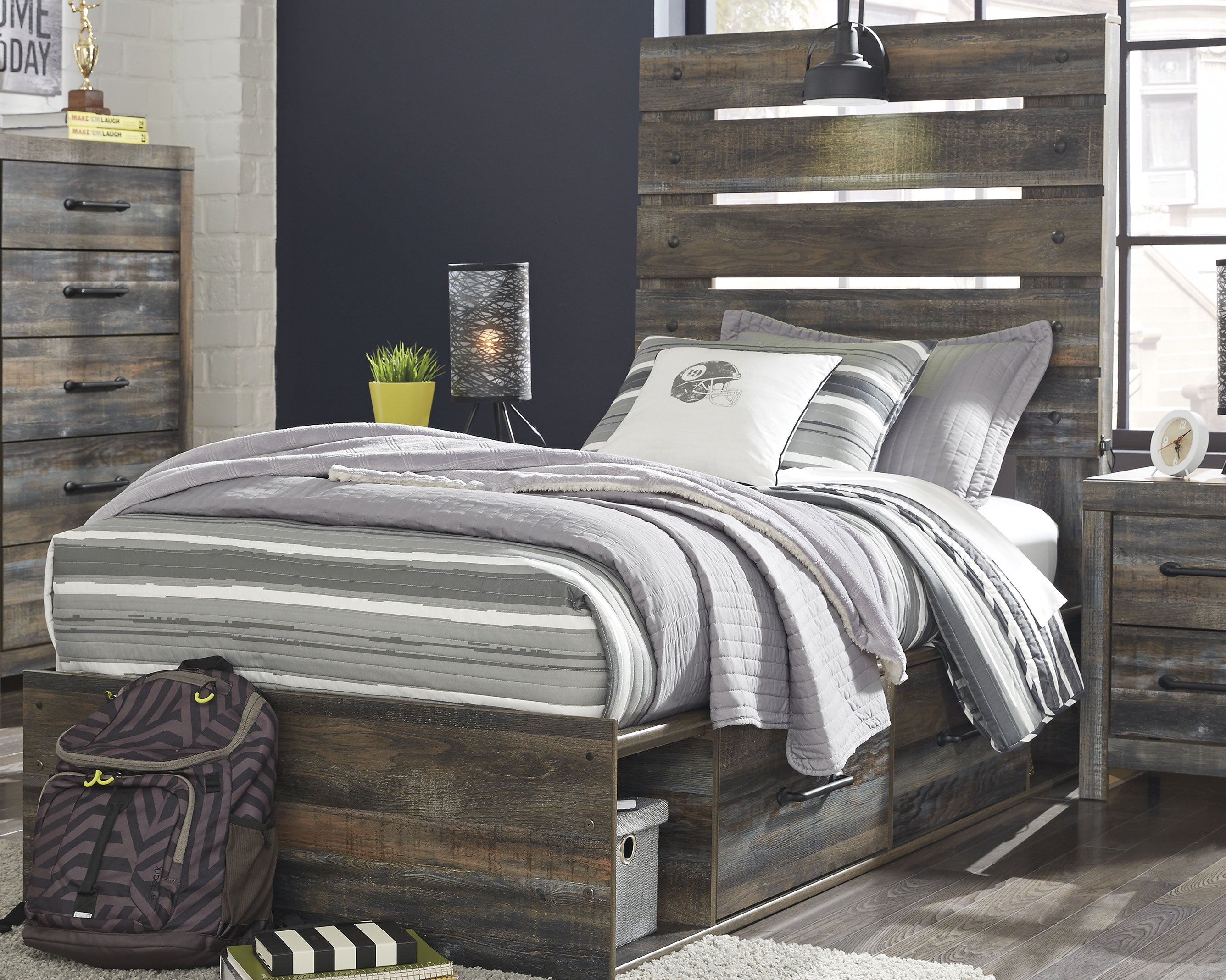 Best Furniture Outlet - Ashley Furniture - Drystan Bedroom - Twin Panel Bed with 4 Storage Drawers / Multi - B211B11