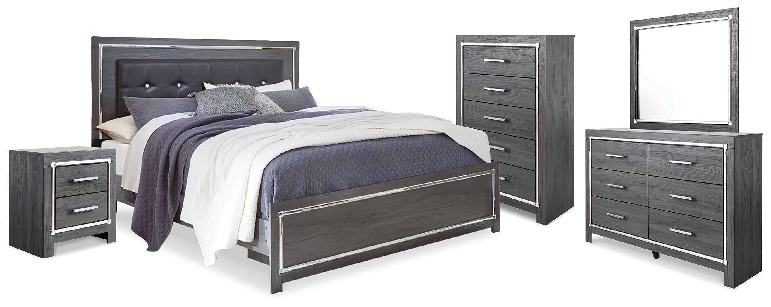 Best Furniture Outlet - Ashley Furniture - Lodanna Bedroom - King Upholstered Panel Bed, Dresser, Mirror, Chest and Nightstand / Gray - B214B26