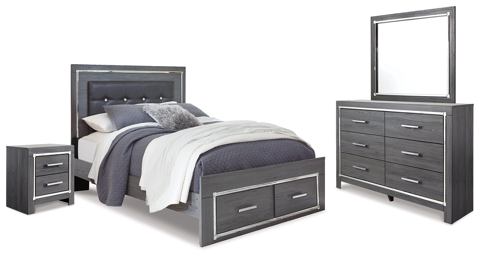 Best Furniture Outlet - Ashley Furniture - Lodanna Bedroom - Queen Panel Storage Bed with Mirrored Dresser and Nightstand / Gray - B214B16