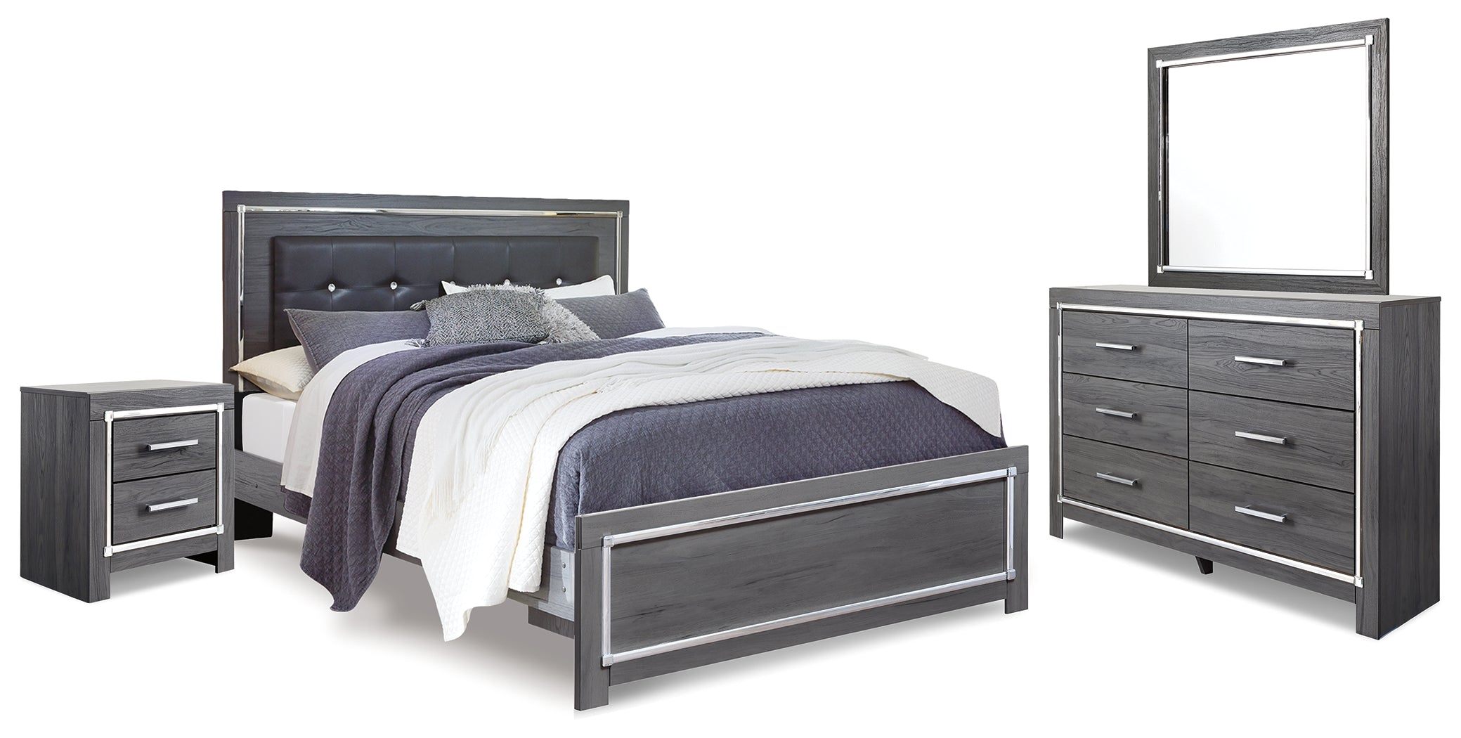 Best Furniture Outlet - Ashley Furniture - Lodanna Bedroom - King Upholstered Panel Bed, Dresser, Mirror and Nightstand / Gray - B214B19