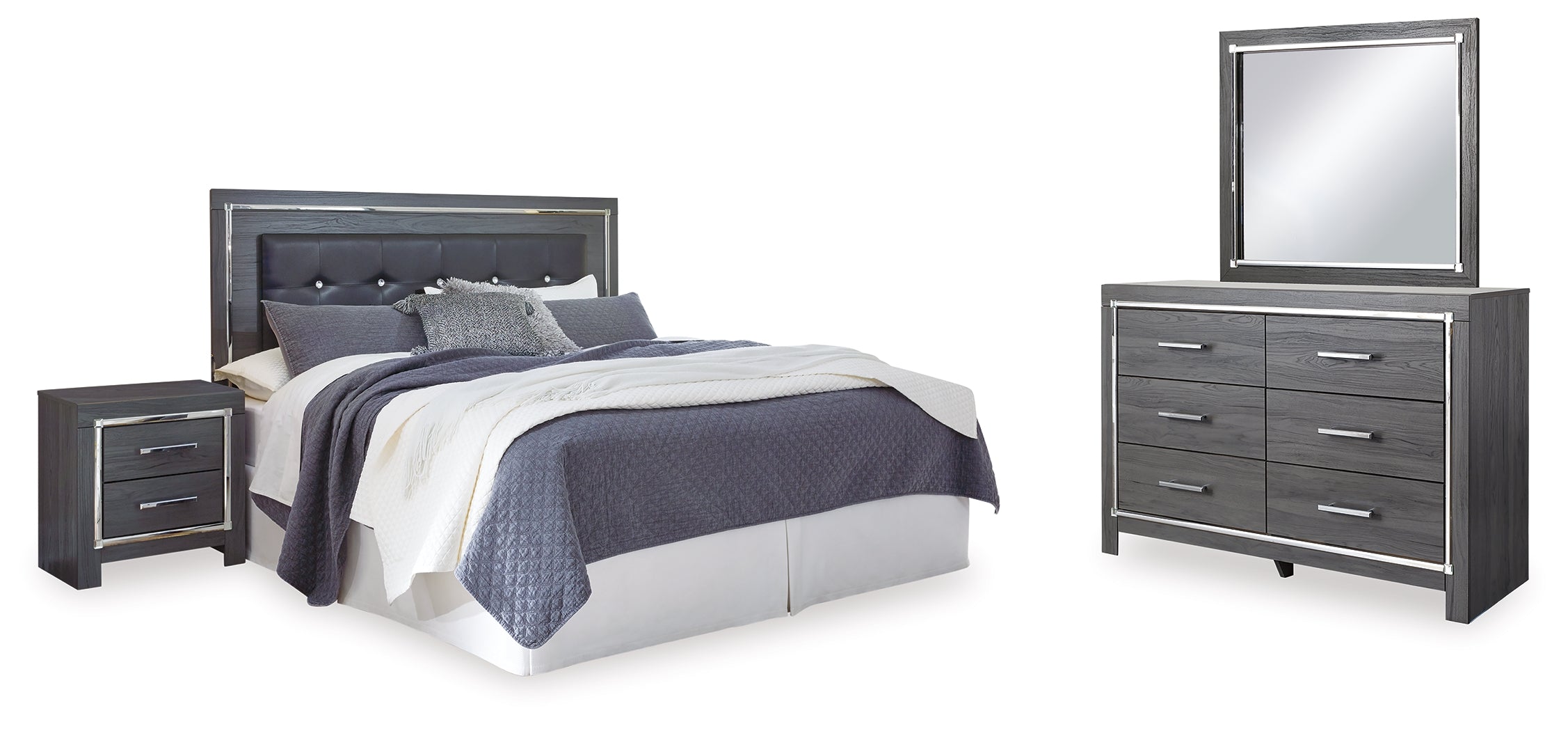 Best Furniture Outlet - Ashley Furniture - Lodanna Bedroom - King Upholstered Panel Headboard, Dresser, Mirror, and Nightstand / Gray - B214B21