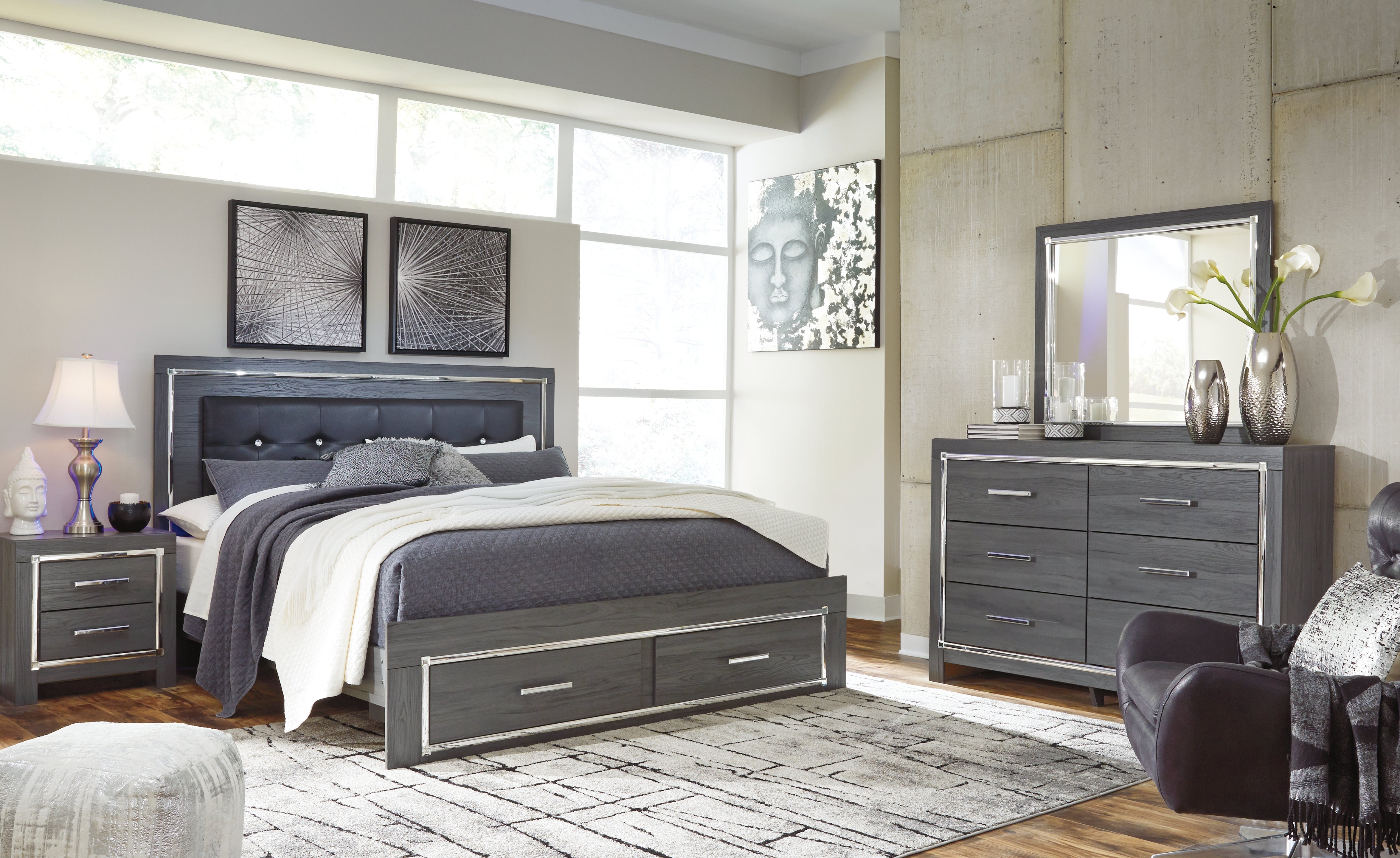 Best Furniture Outlet - Ashley Furniture - Lodanna Bedroom - King Panel Storage Bed with Mirrored Dresser and Nightstand / Gray - B214B17
