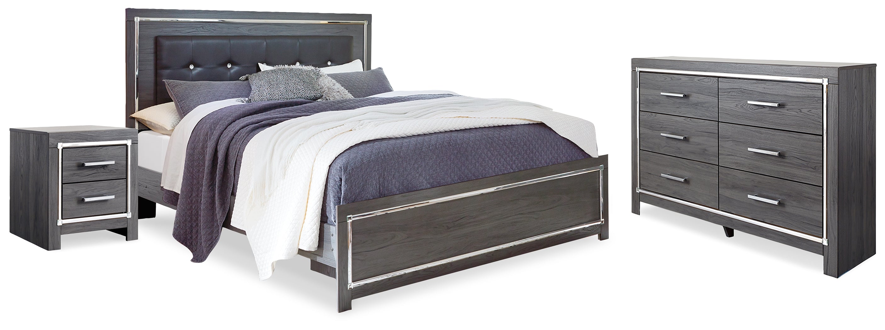 Best Furniture Outlet - Ashley Furniture - Lodanna Bedroom - King Upholstered Panel Bed, Dresser and Nightstand / Gray - B214B27