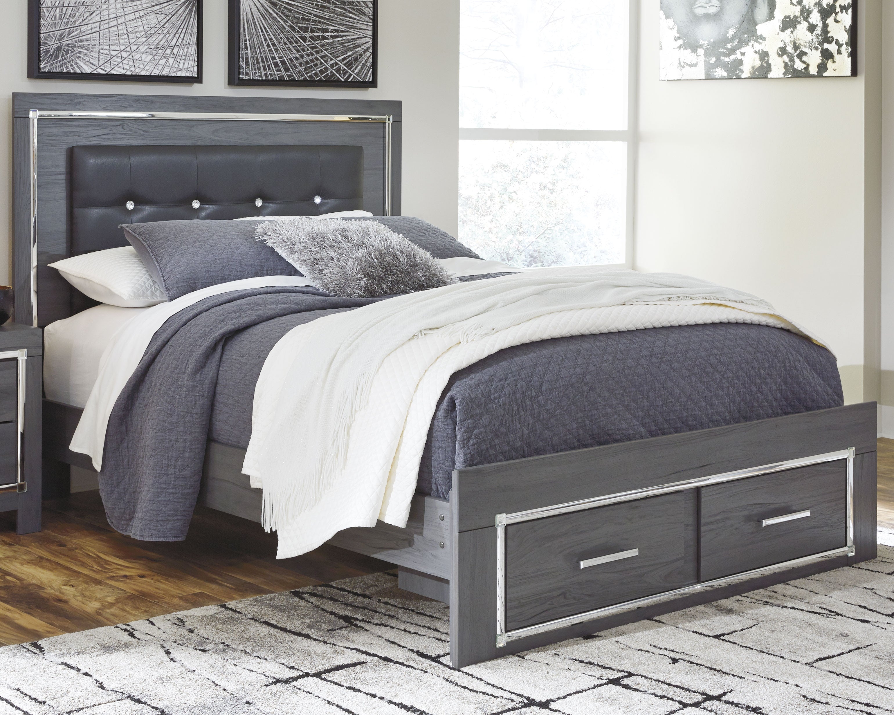 Best Furniture Outlet - Ashley Furniture - Lodanna Bedroom - Queen Panel Bed with 2 Storage Drawers / Gray - B214B3