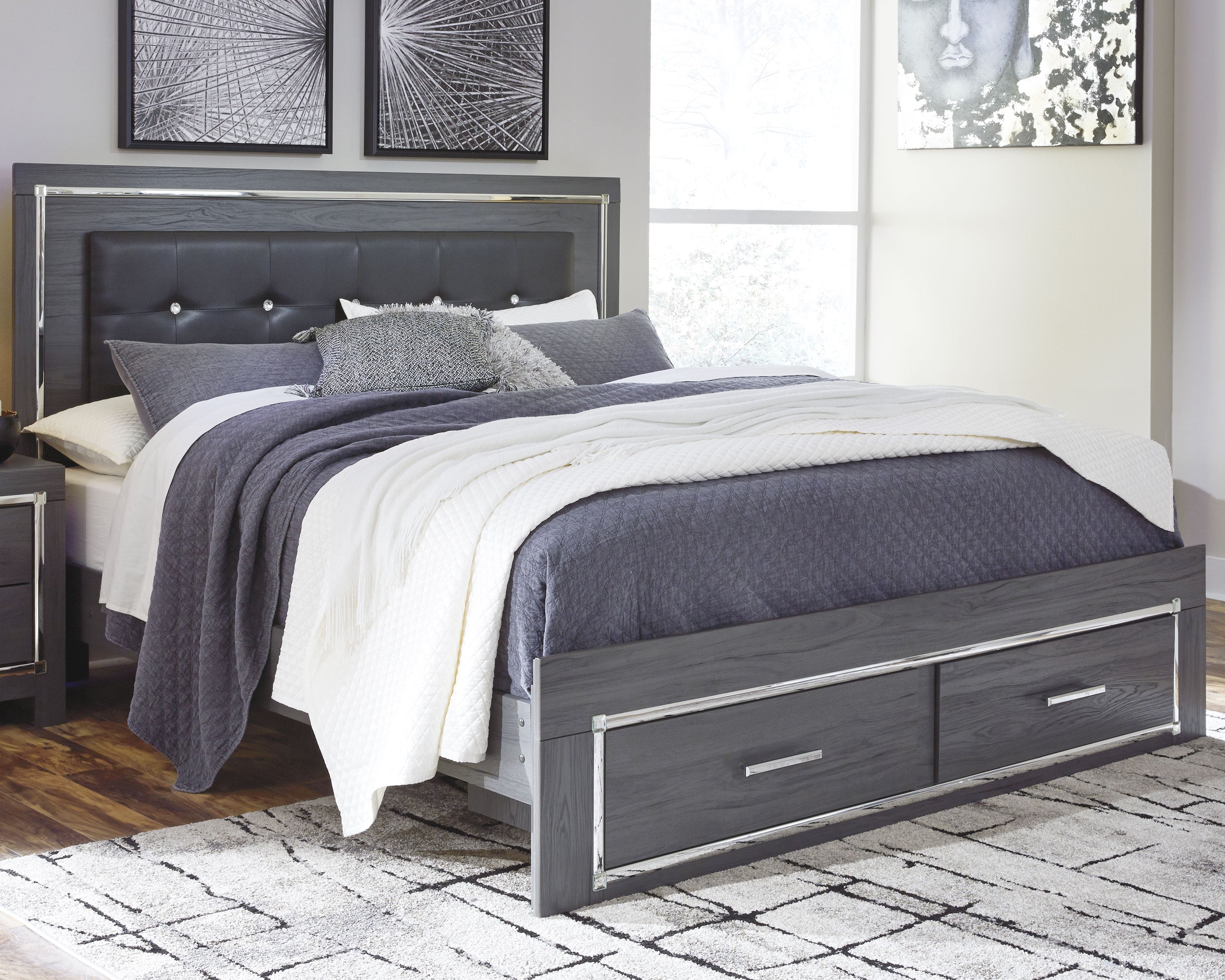 Best Furniture Outlet - Ashley Furniture - Lodanna Bedroom - King Panel Bed with 2 Storage Drawers / Gray - B214B11