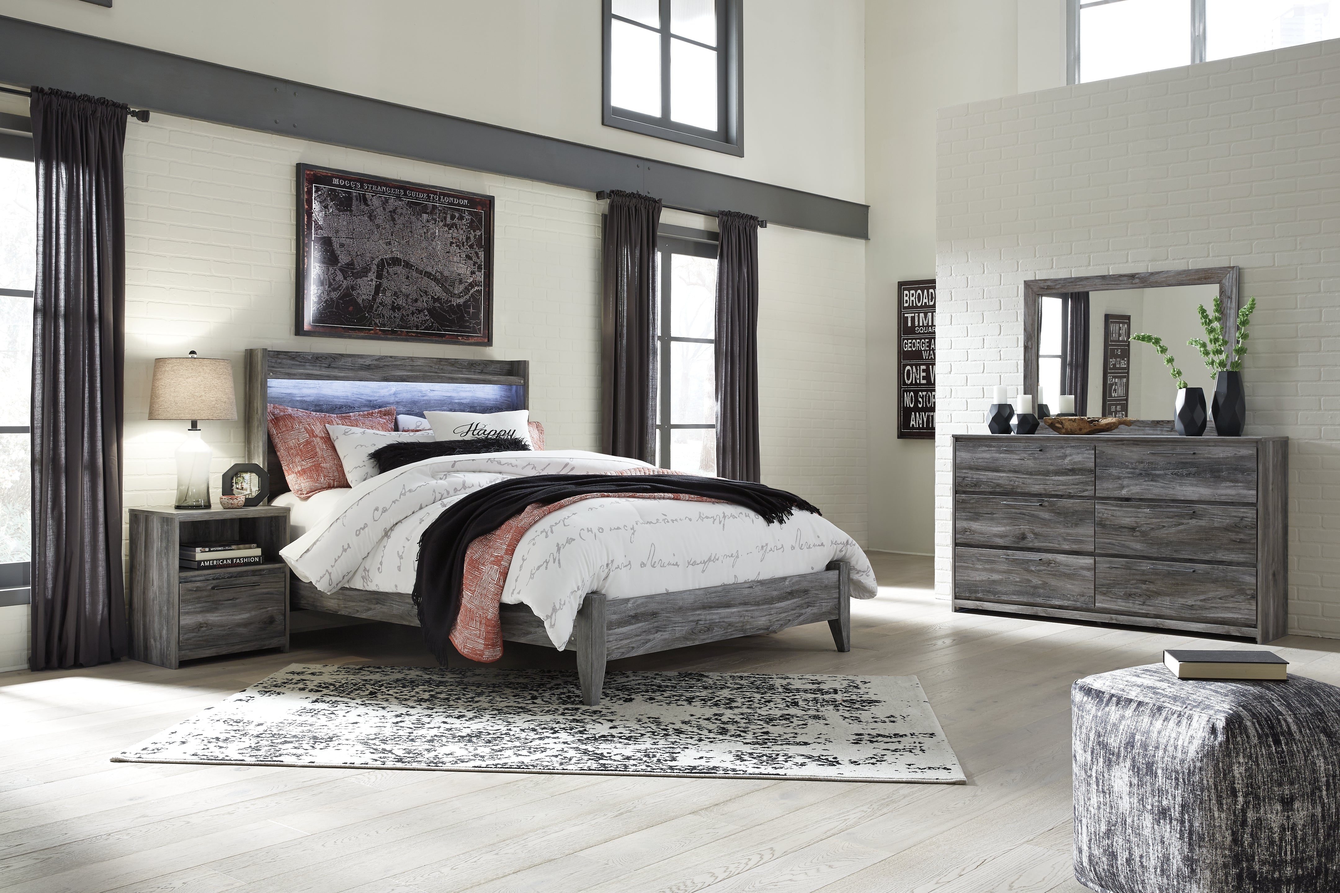 Best Furniture Outlet - Ashley Furniture - Baystorm Bedroom - Queen Panel Bed, Dresser, Mirror and Nightstand / Gray - B221B17