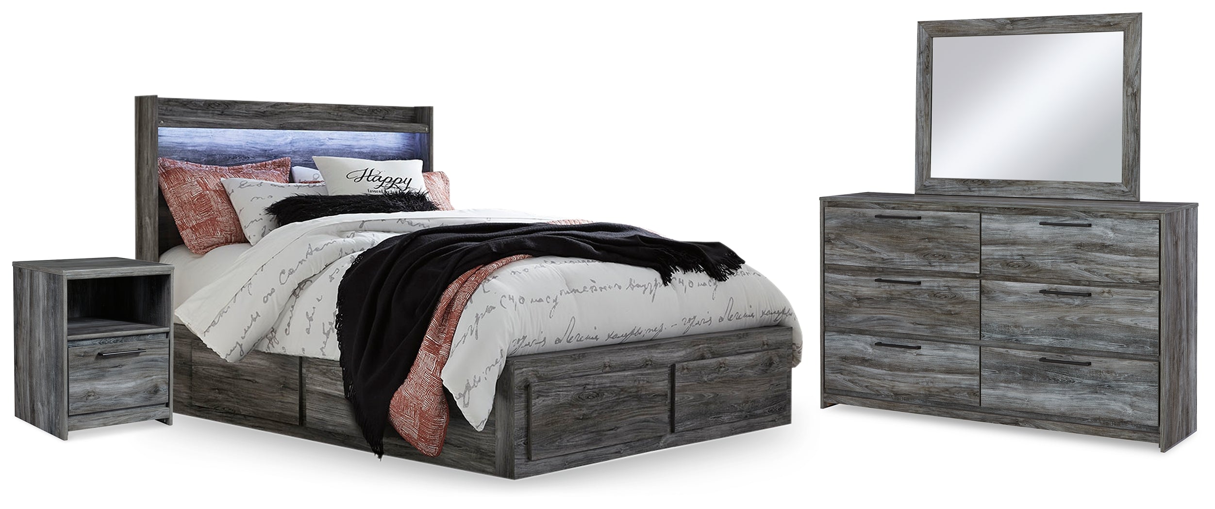 Best Furniture Outlet - Ashley Furniture - Baystorm Bedroom - Queen Panel Bed with 2 Side Storage, Dresser, Mirror, and Nightstand / Gray - B221B43