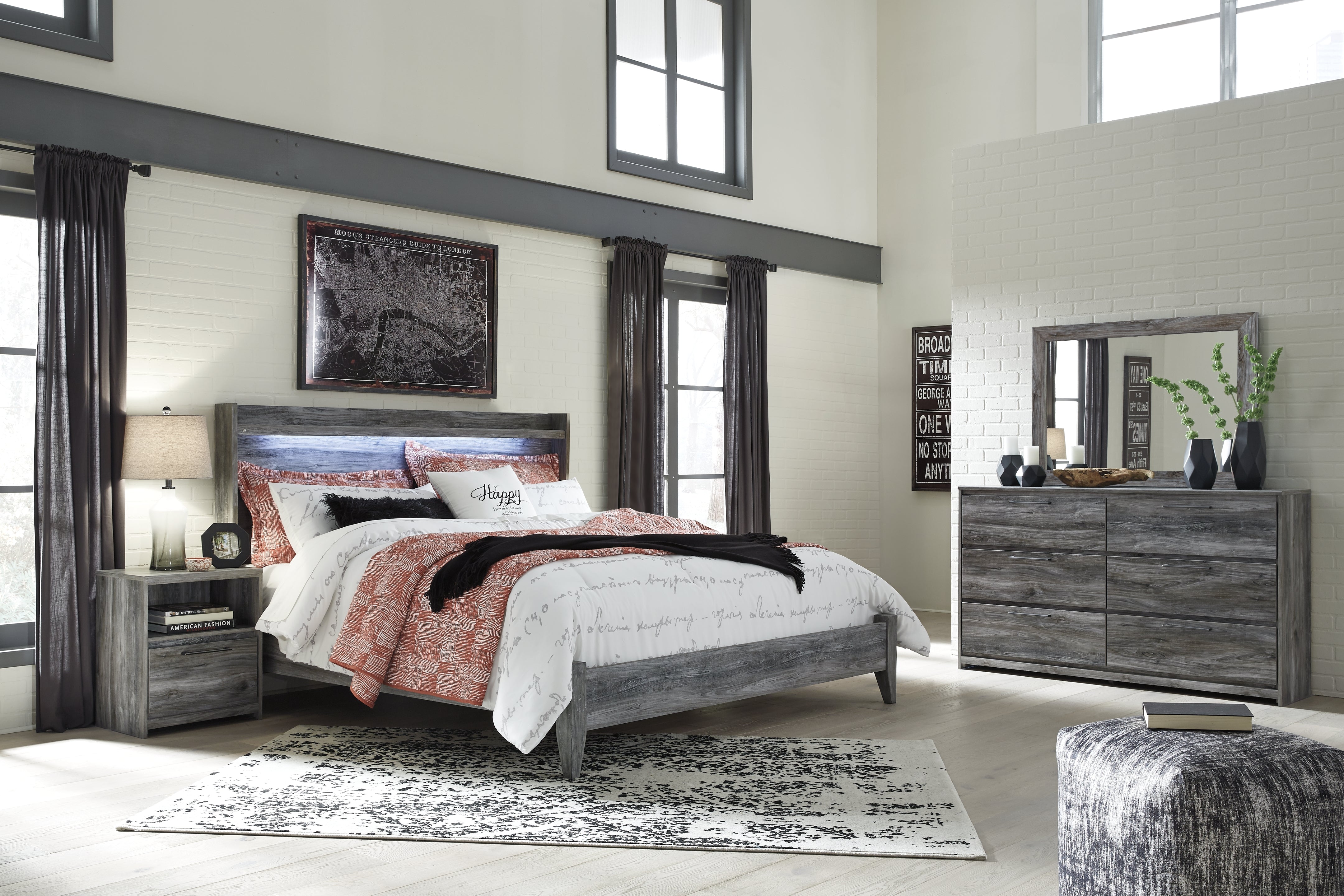 Best Furniture Outlet - Ashley Furniture - Baystorm Bedroom - King Panel Bed, Dresser, Mirror, and Nightstand / Gray - B221B44
