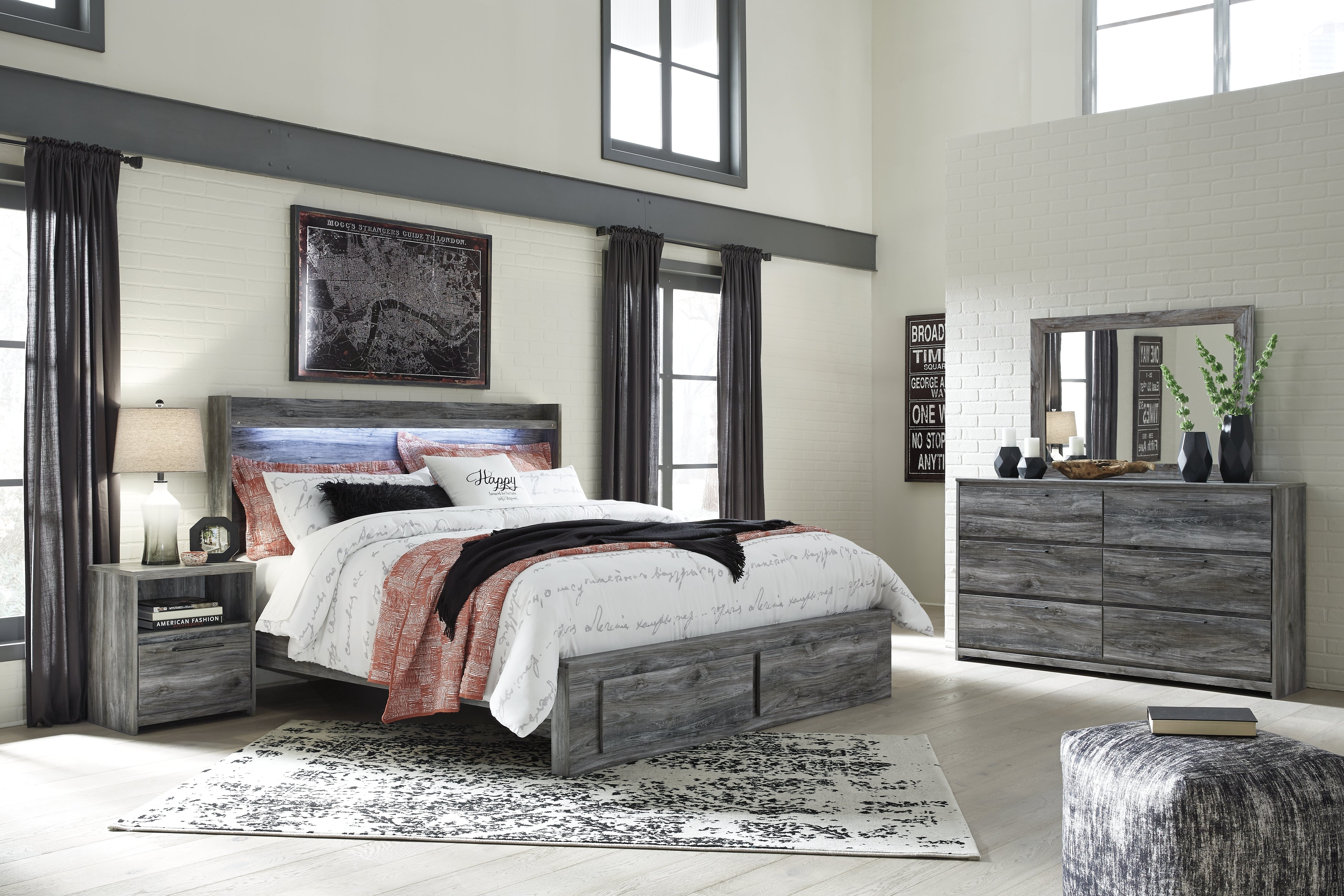 Best Furniture Outlet - Ashley Furniture - Baystorm Bedroom - King Panel Storage Bed with Mirrored Dresser and Nightstand / Gray - B221B36