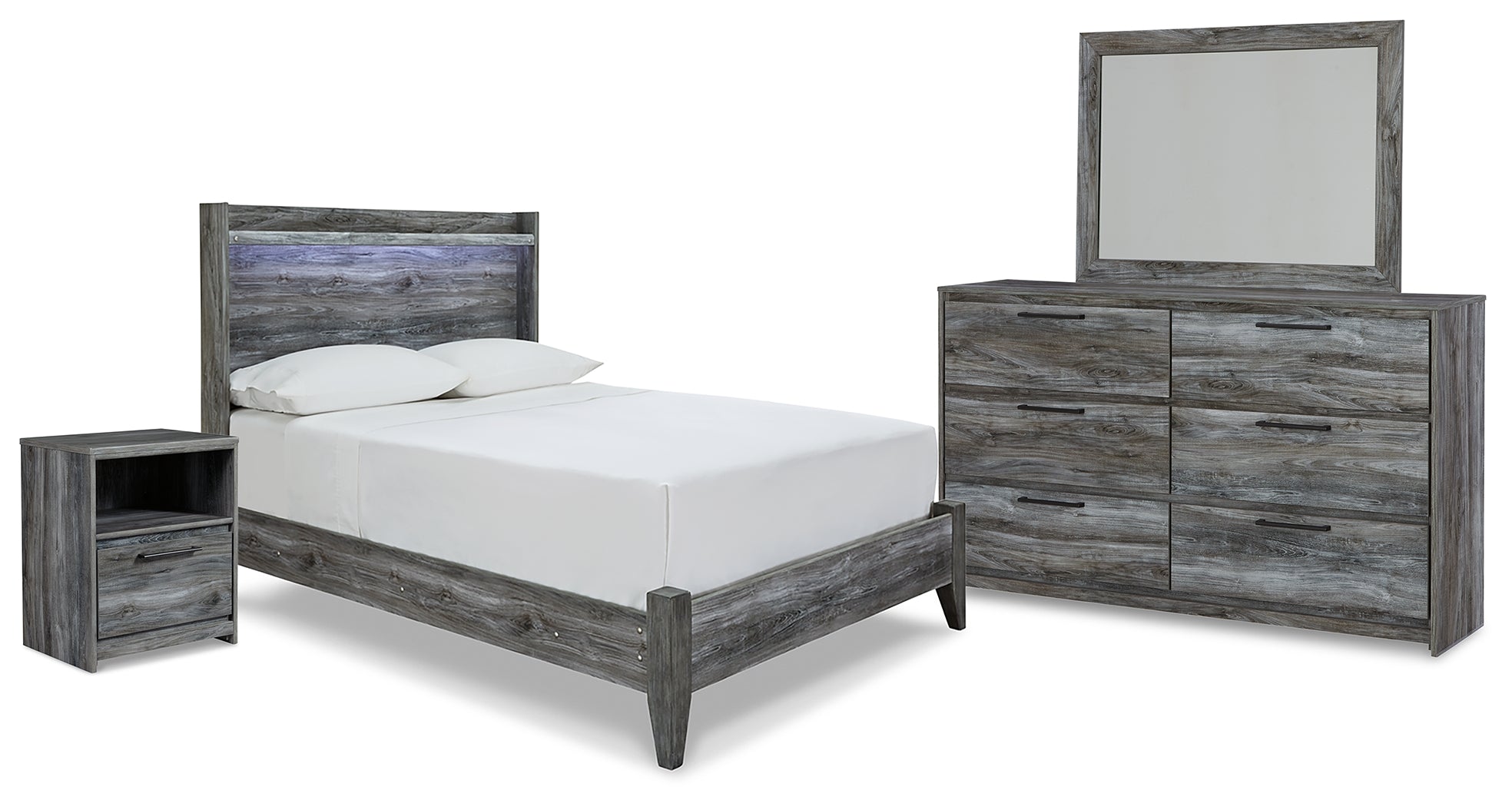 Best Furniture Outlet - Ashley Furniture - Baystorm Bedroom - Full Panel Bed, Dresser, Mirror and Nightstand / Gray - B221B18