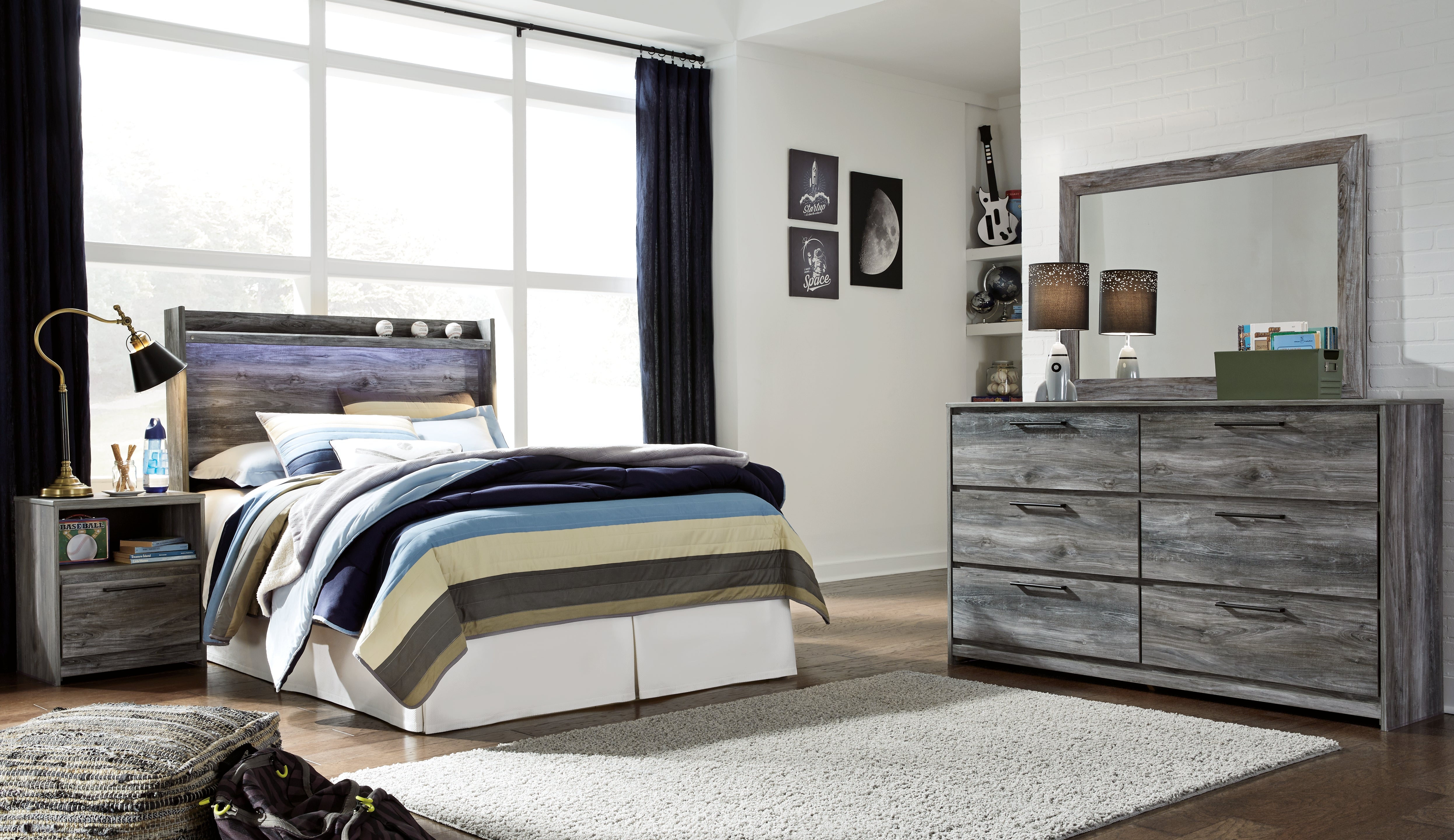 Best Furniture Outlet - Ashley Furniture - Baystorm Bedroom - Full Panel Bed Headboard, Dresser, Mirror and Nightstand / Gray - B221B39