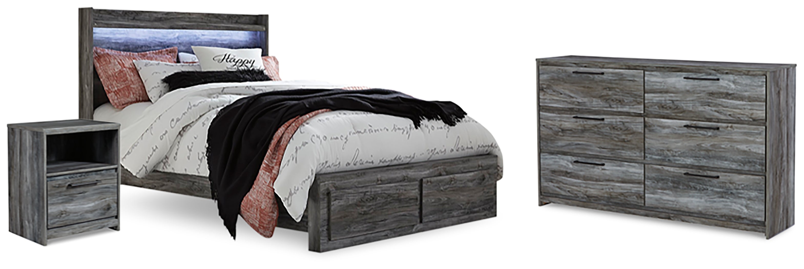 Best Furniture Outlet - Ashley Furniture - Baystorm Bedroom - Queen Panel Storage Bed, Dresser and Nightstand / Gray - B221B48