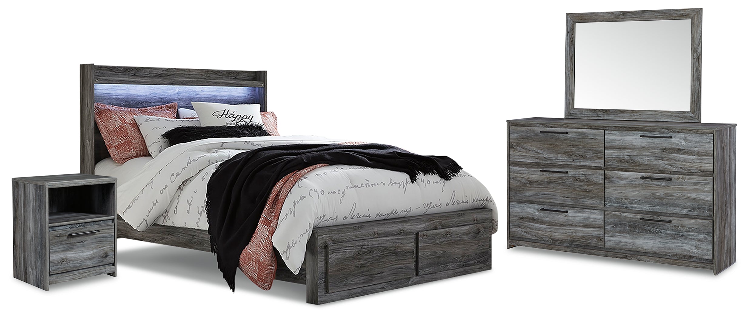 Best Furniture Outlet - Ashley Furniture - Baystorm Bedroom - Queen Panel Storage Bed with Mirrored Dresser and Nightstand / Gray - B221B35