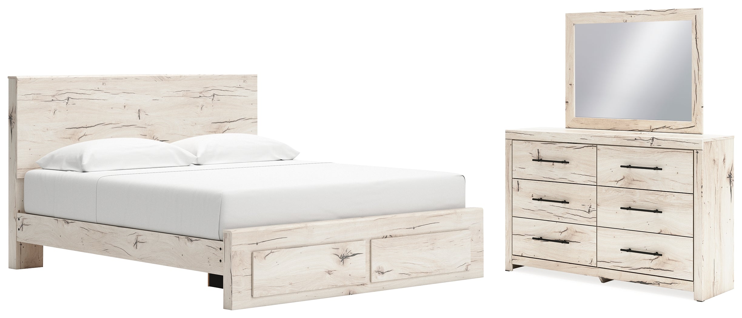 Best Furniture Outlet - Ashley Furniture - Lawroy Bedroom - King Panel Storage Bed, Dresser and Mirror / Light Natural - B2310B35
