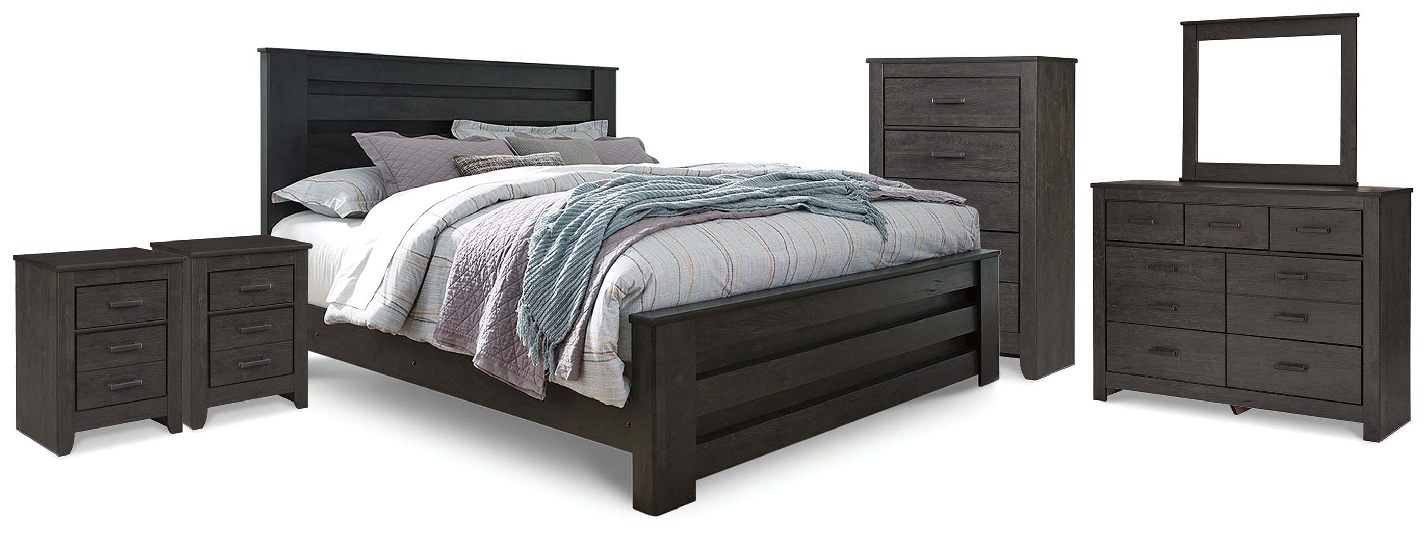 Best Furniture Outlet - Ashley Furniture - Brinxton Bedroom - King Panel Bed, Dresser Mirror, Chest and 2 Nightstands / Charcoal - B249B23