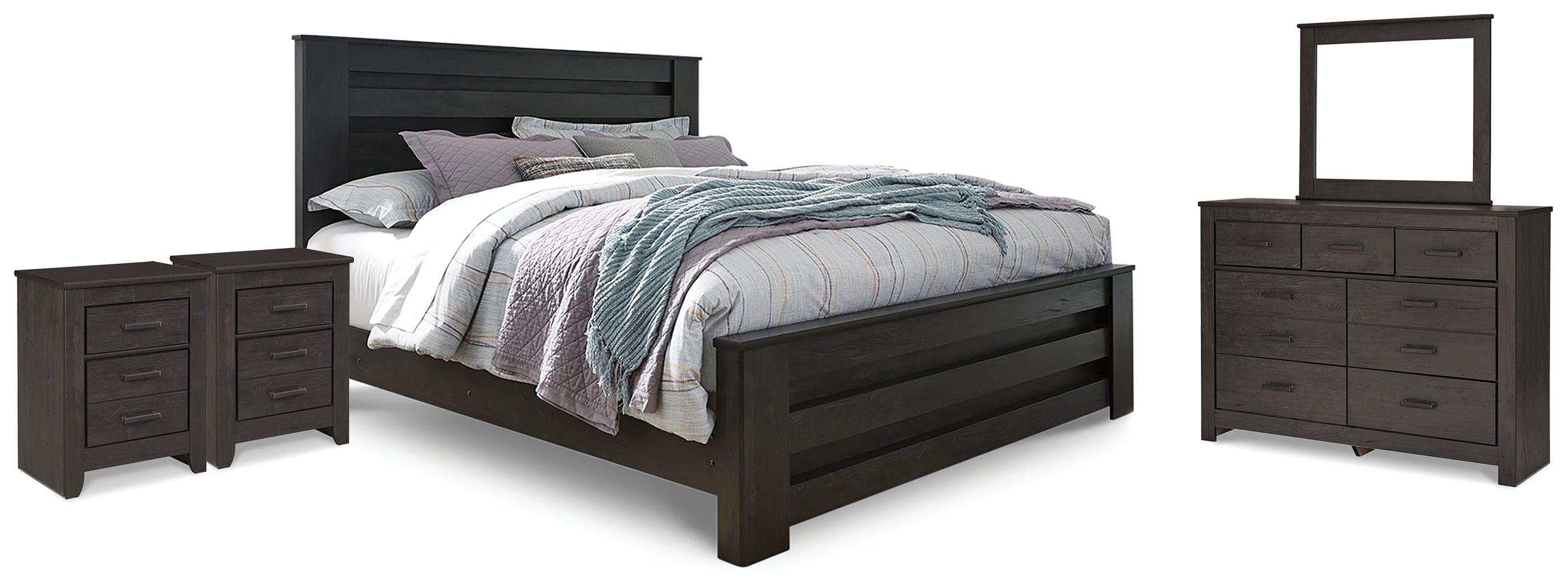 Best Furniture Outlet - Ashley Furniture - Brinxton Bedroom - King Panel Bed, Dresser, Mirror and 2 Nightstands / Charcoal - B249B24