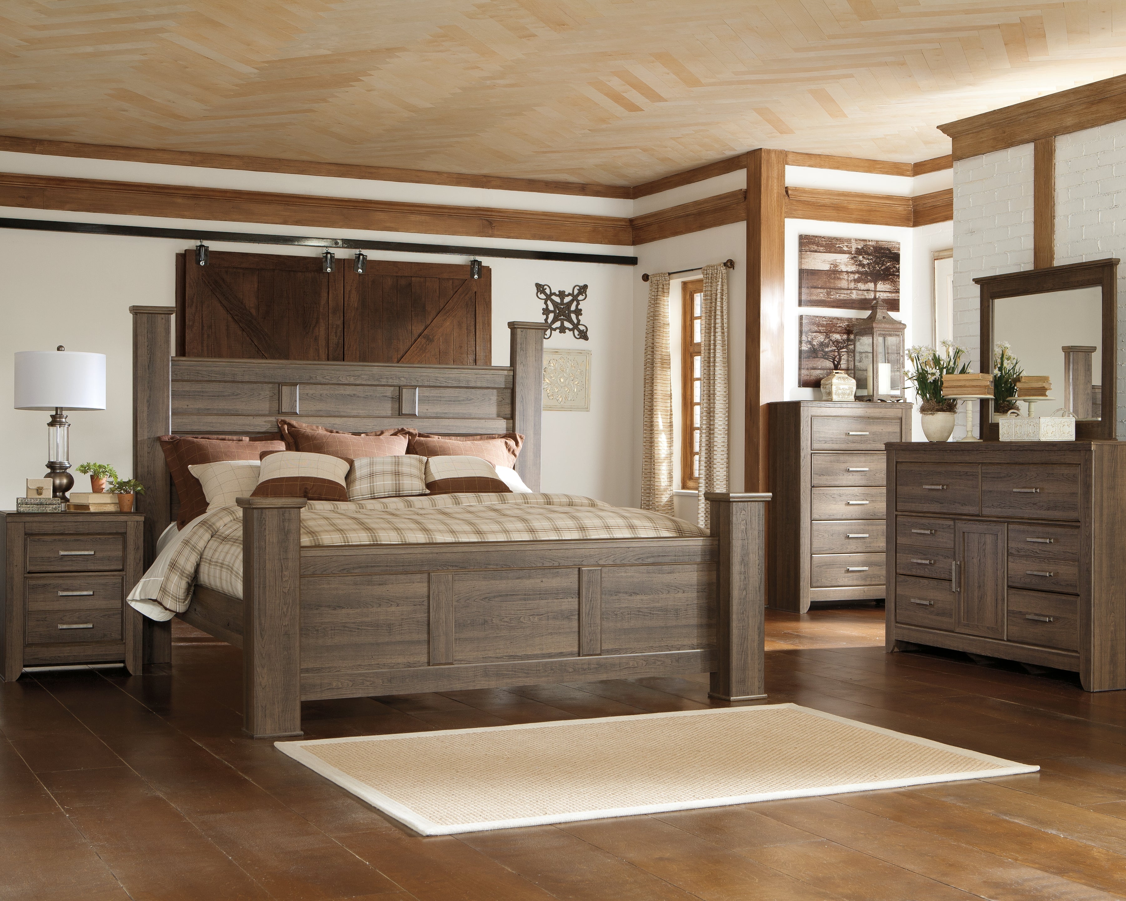 Best Furniture Outlet - Ashley Furniture - Juararo Bedroom - California King Poster Bed, Dresser, Mirror, Chest and 2 Nightstands / Dark Brown - B251B25