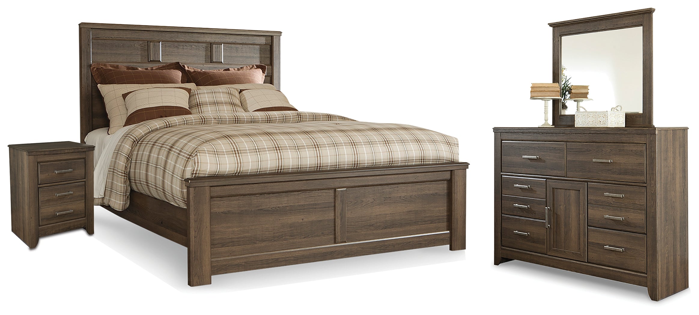 Best Furniture Outlet - Ashley Furniture - Juararo Bedroom - Queen Panel Bed, Dresser, Mirror and Nightstand / Dark Brown - B251B23