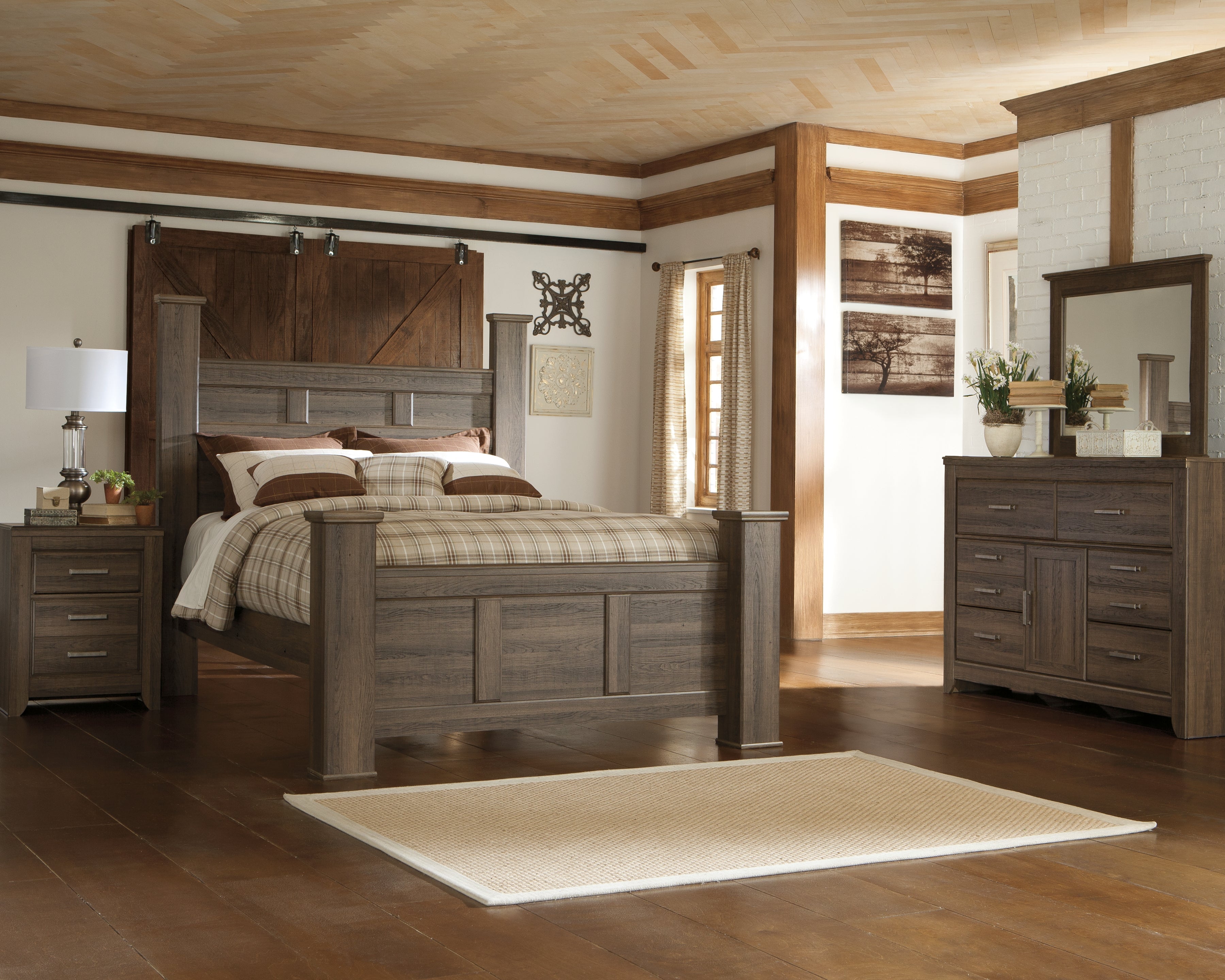 Best Furniture Outlet - Ashley Furniture - Juararo Bedroom - Queen Poster Bed with Mirrored Dresser and Nightstand / Dark Brown - B251B22