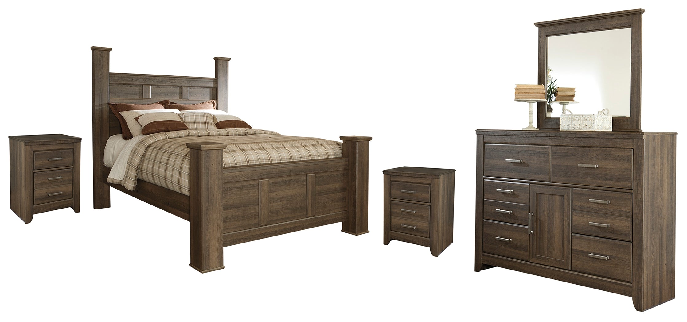 Best Furniture Outlet - Ashley Furniture - Juararo Bedroom - Queen Poster Bed with Mirrored Dresser and 2 Nightstands / Dark Brown - B251B17