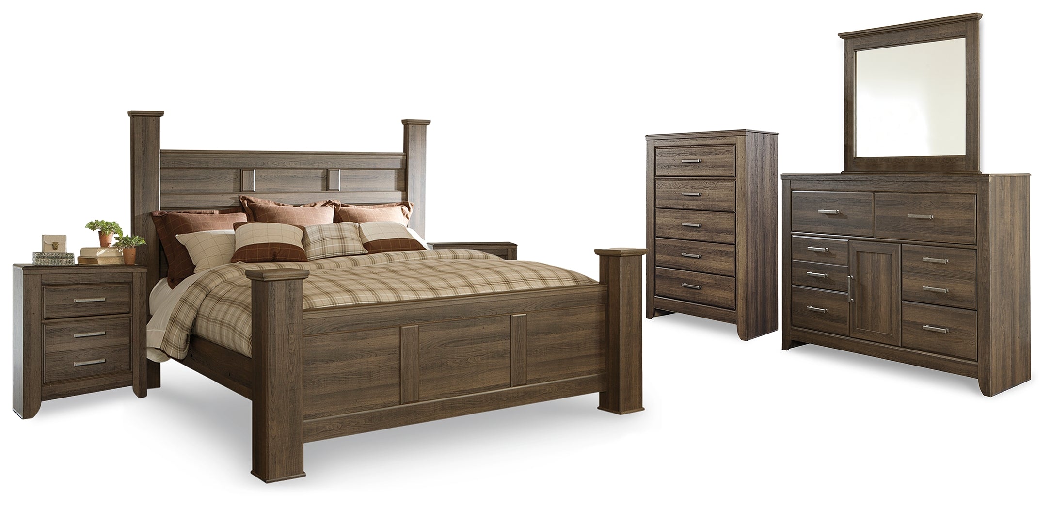 Best Furniture Outlet - Ashley Furniture - Juararo Bedroom - King Poster Bed, Dresser, Mirror, Chest and 2 Nightstands / Dark Brown - B251B30
