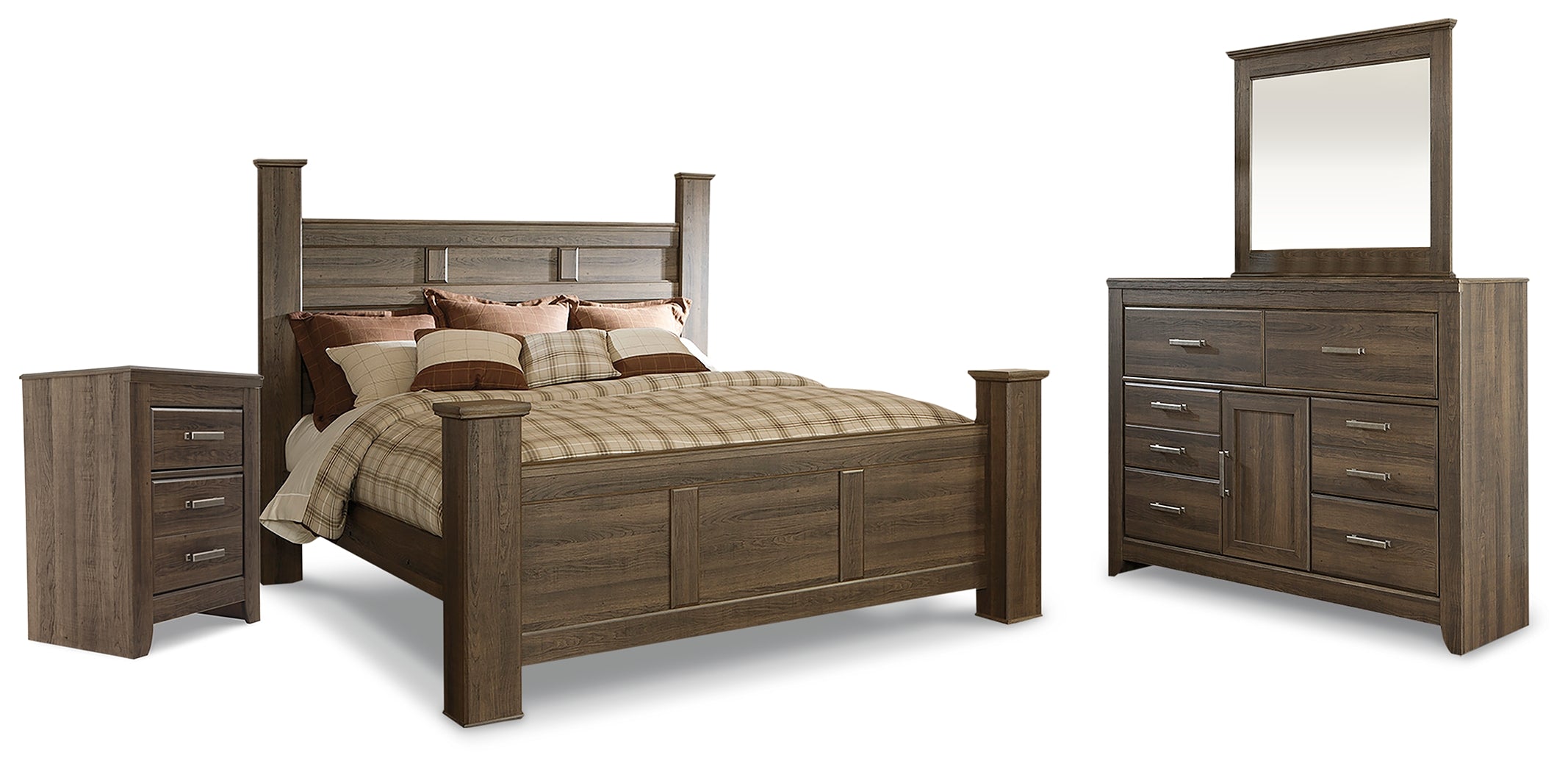 Best Furniture Outlet - Ashley Furniture - Juararo Bedroom - King Poster Bed, Dresser, Mirror and Nightstand / Dark Brown - B251B24