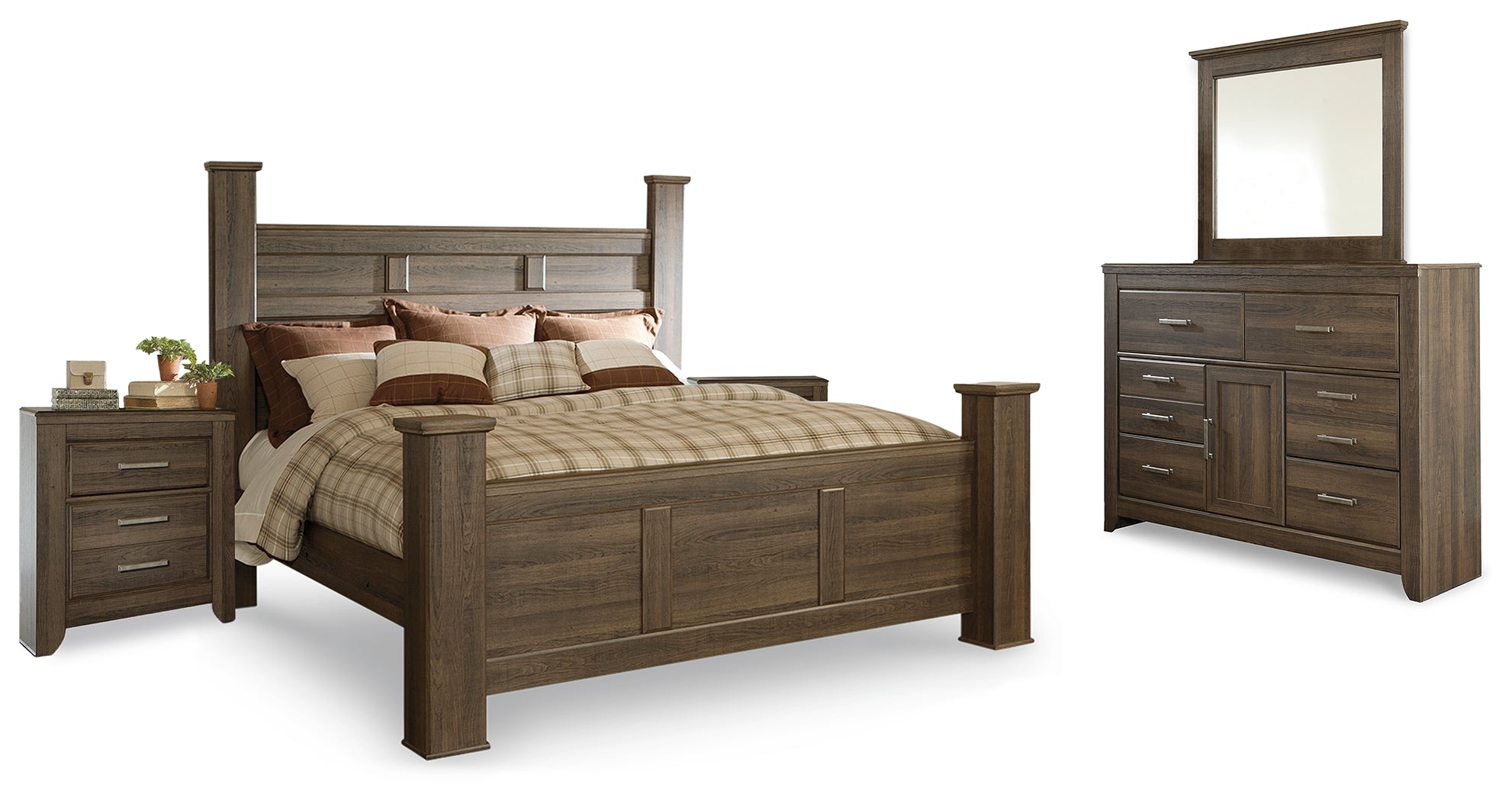 Best Furniture Outlet - Ashley Furniture - Juararo Bedroom - King Poster Bed, Dresser, Mirror and 2 Nightstands / Dark Brown - B251B27