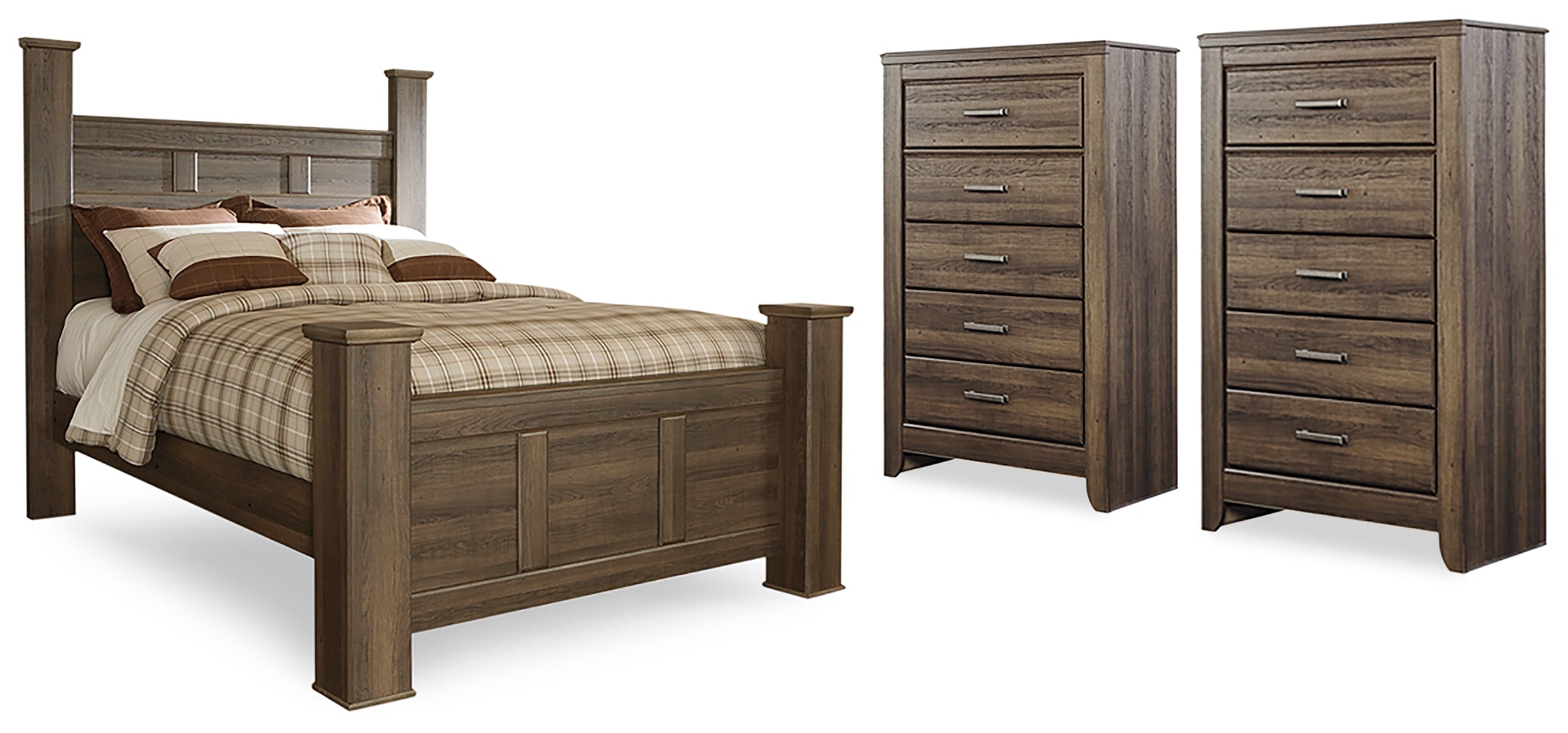 Best Furniture Outlet - Ashley Furniture - Juararo Bedroom - Queen Poster Bed and 2 Chests / Dark Brown - B251B29