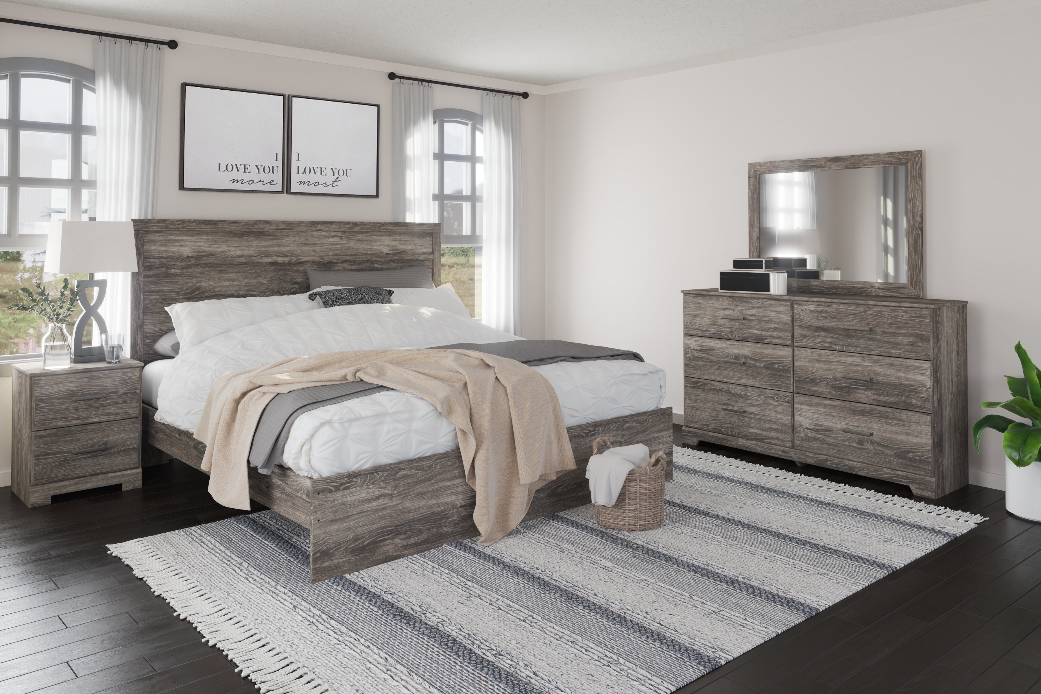 Best Furniture Outlet - Ashley Furniture - Ralinksi Bedroom - King Panel Bed, Dresser, Mirror, and Nightstand / Gray - B2587B8