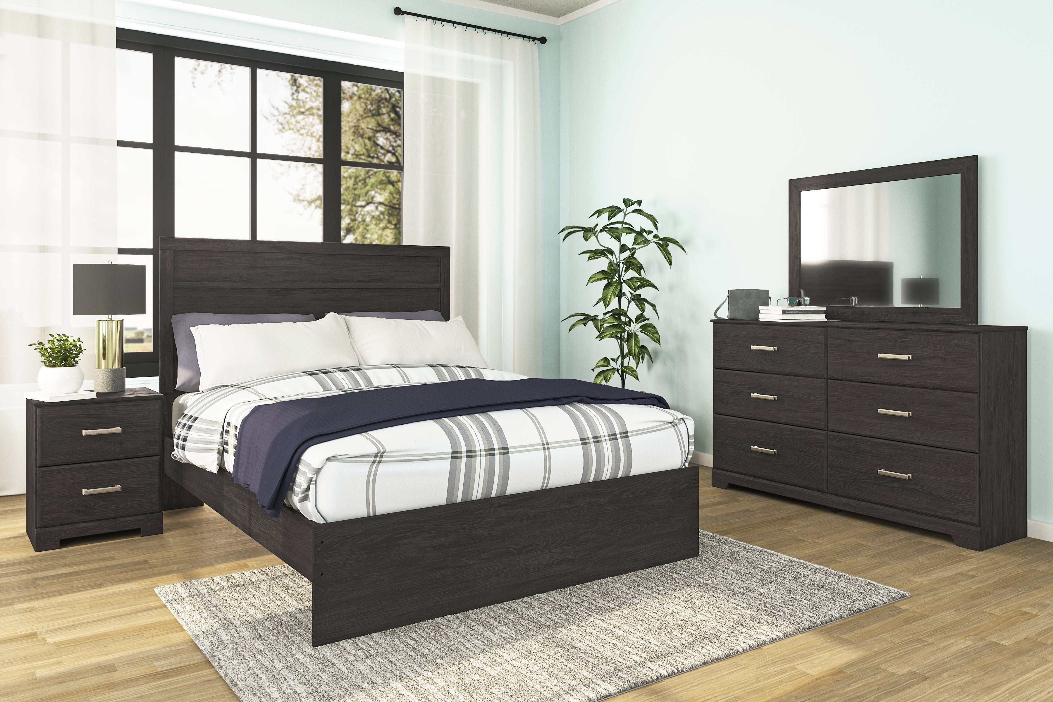 Best Furniture Outlet - Ashley Furniture - Belachime Bedroom - Queen Panel Bed, Dresser, Mirror, and Nightstand / Charcoal - B2589B7