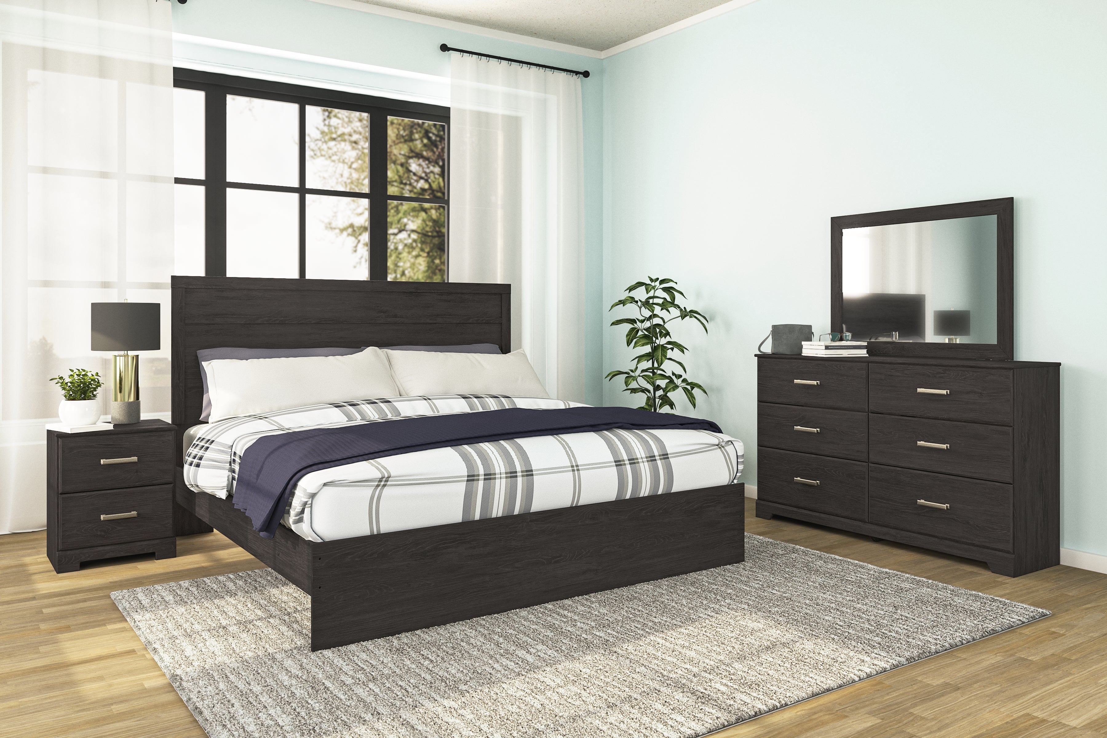 Best Furniture Outlet - Ashley Furniture - Belachime Bedroom - King Panel Bed, Dresser, Mirror, and Nightstand / Charcoal - B2589B8