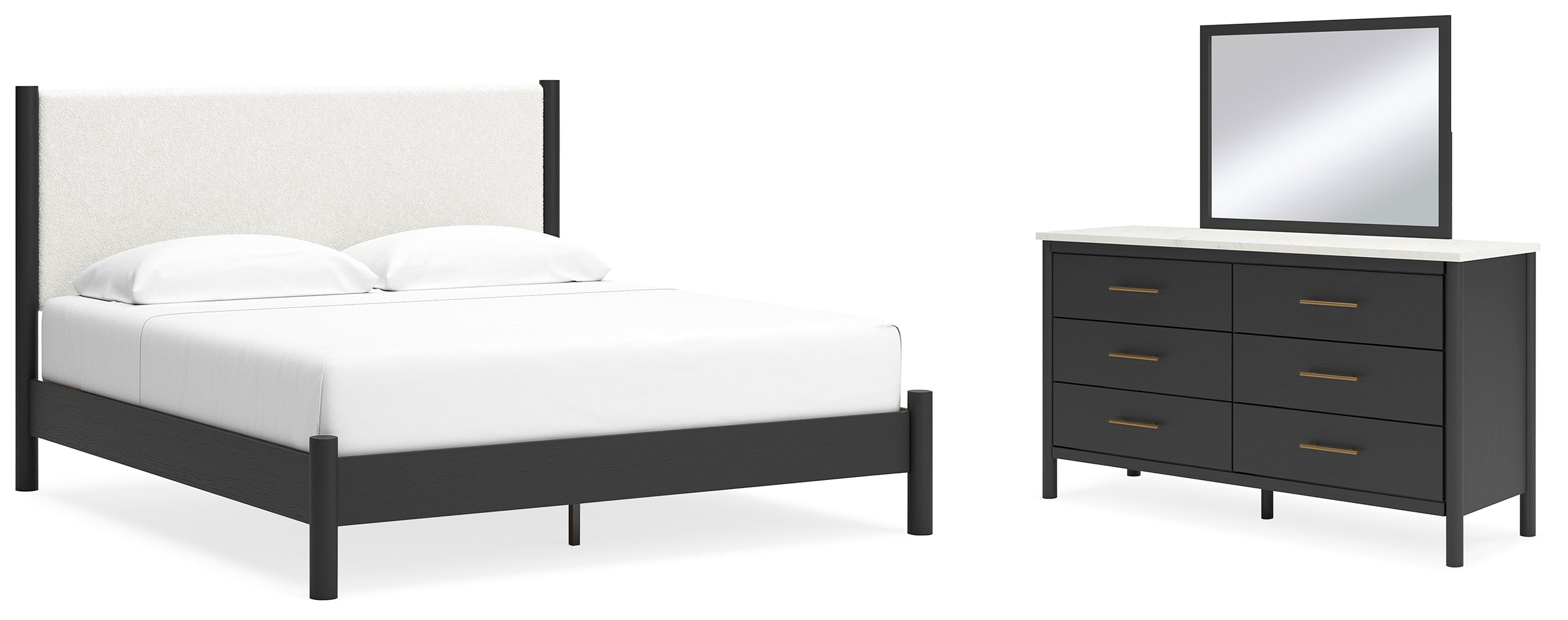 Best Furniture Outlet - Ashley Furniture - Cadmori Bedroom - King Upholstered Panel Bed, Dresser and Mirror / Black/White - B2616B9