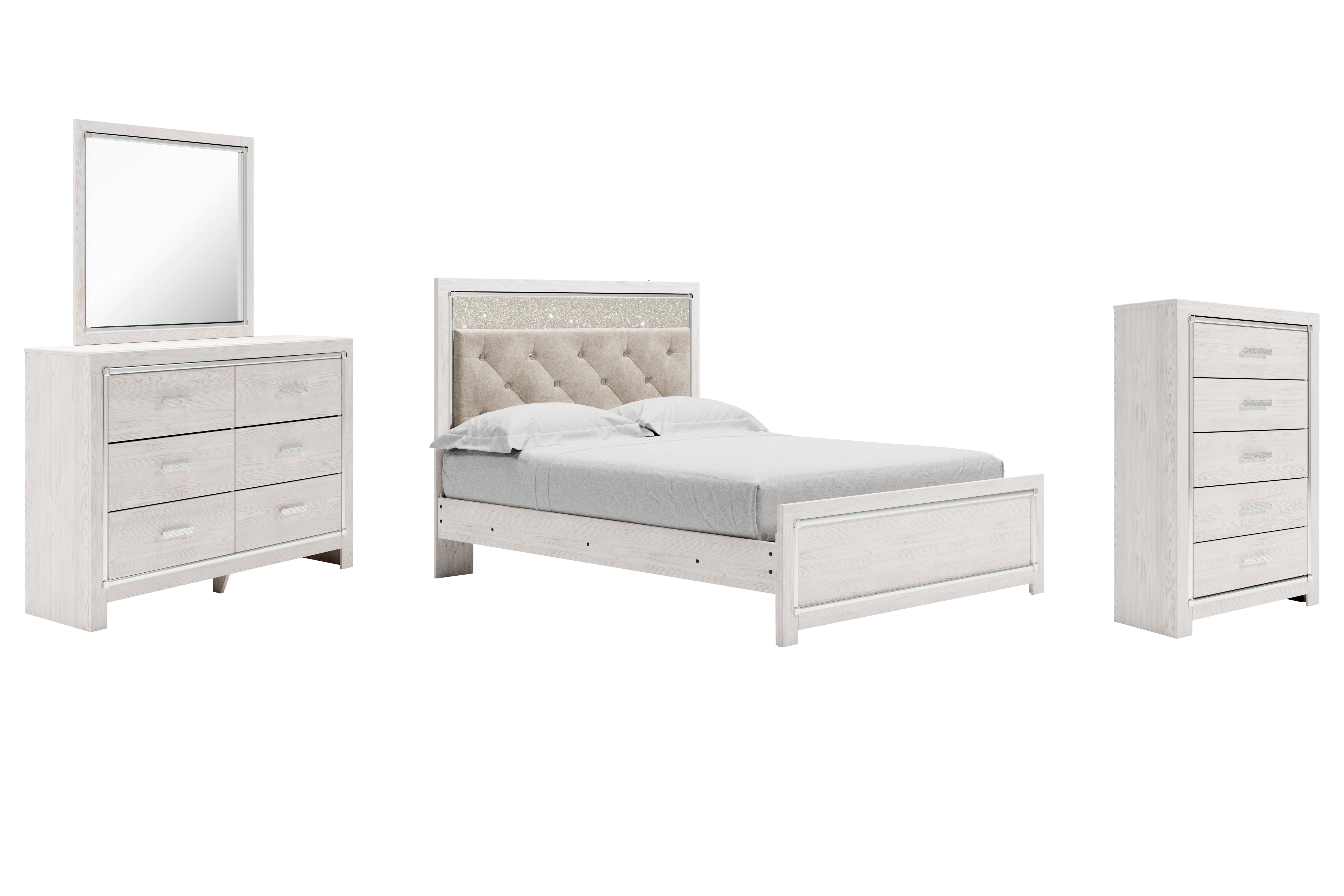 Best Furniture Outlet - Ashley Furniture - Altyra Bedroom - Queen Upholstered Panel Bed, Dresser, Mirror, and Chest / White - B2640B35