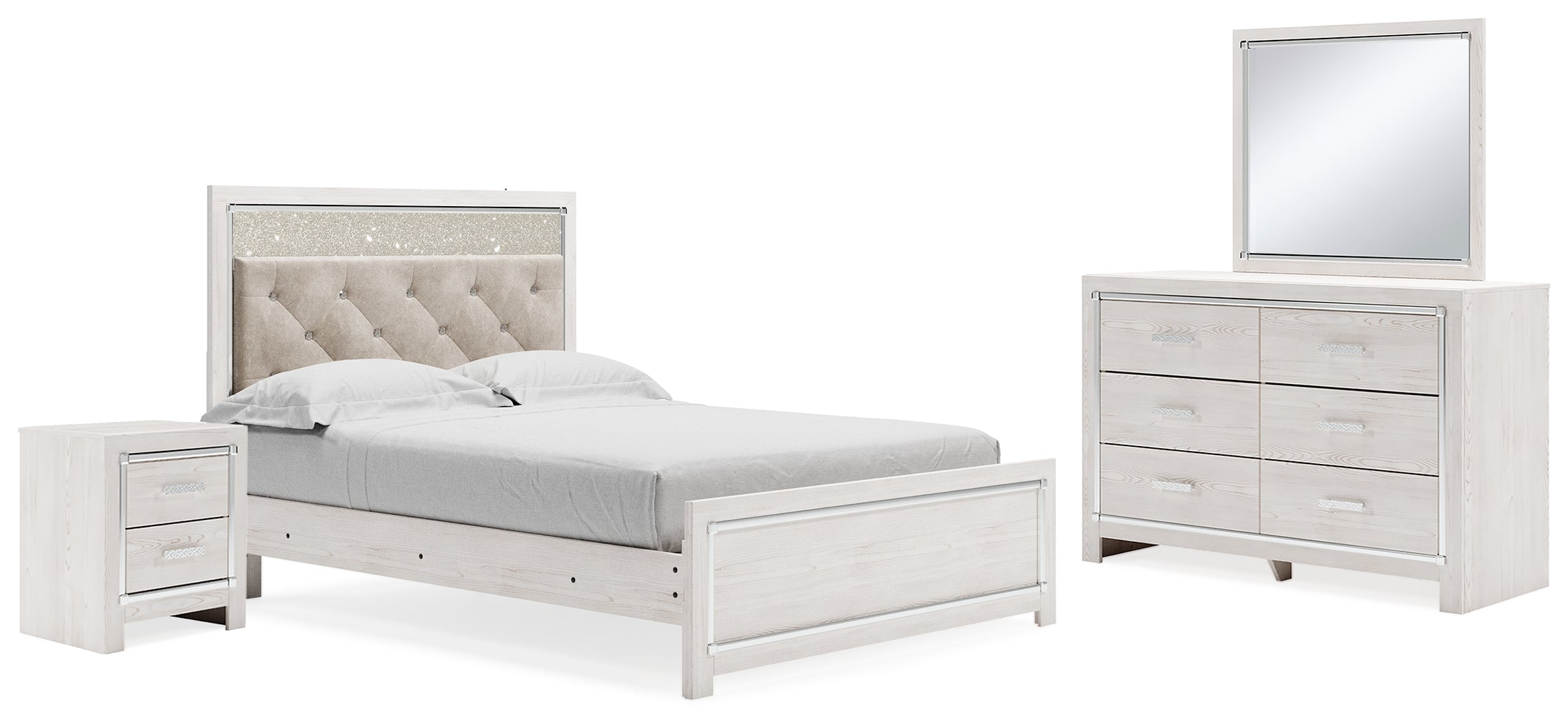 Best Furniture Outlet - Ashley Furniture - Altyra Bedroom - Queen Upholstered Panel Bed, Dresser, Mirror, and Nightstand / White - B2640B33