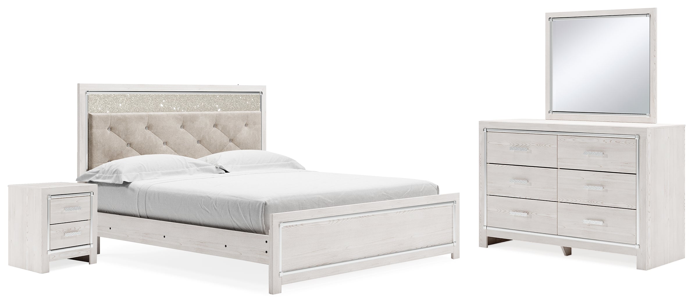 Best Furniture Outlet - Ashley Furniture - Altyra Bedroom - King Upholstered Panel Bed, Dresser, Mirror, and Nightstand / White - B2640B34