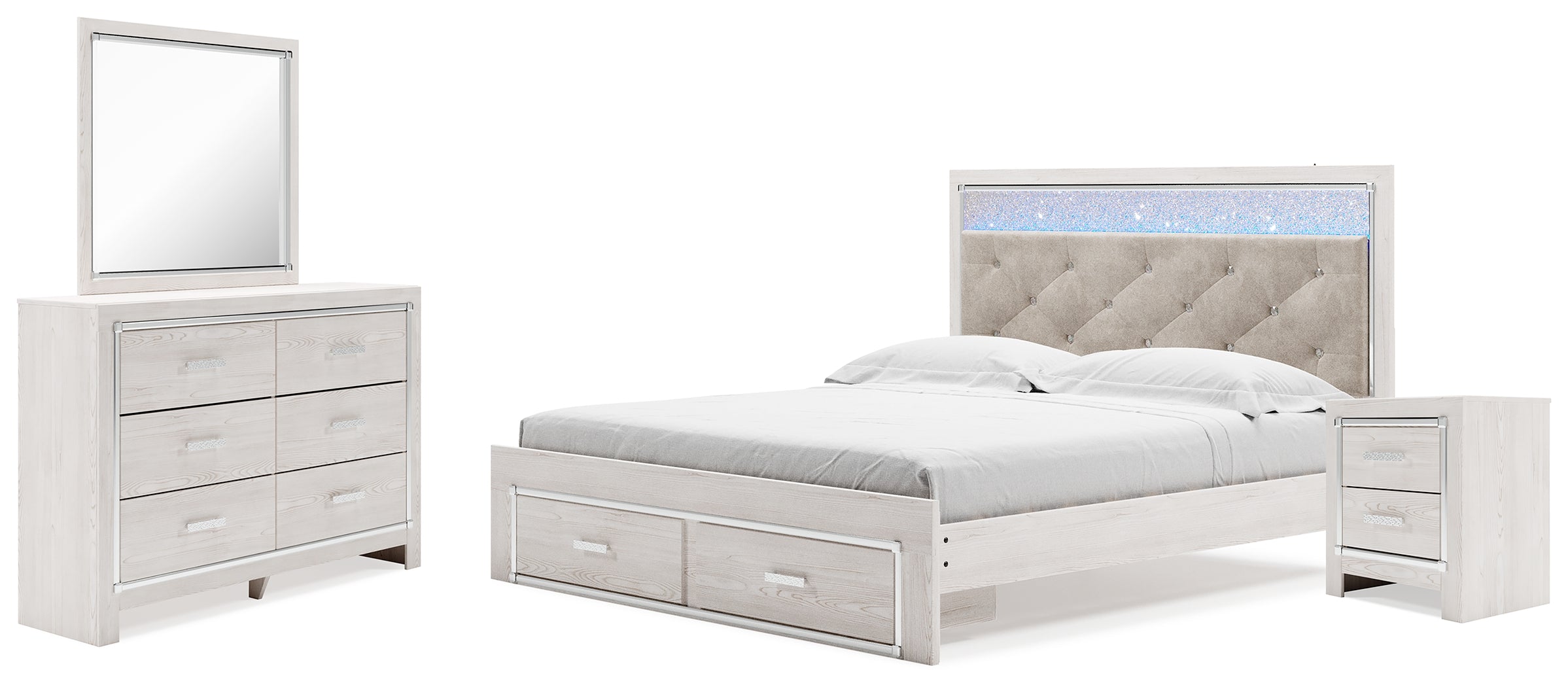 Best Furniture Outlet - Ashley Furniture - Altyra Bedroom - King Upholstered Panel Storage Bed, Dresser, Mirror and Nightstand / White - B2640B32