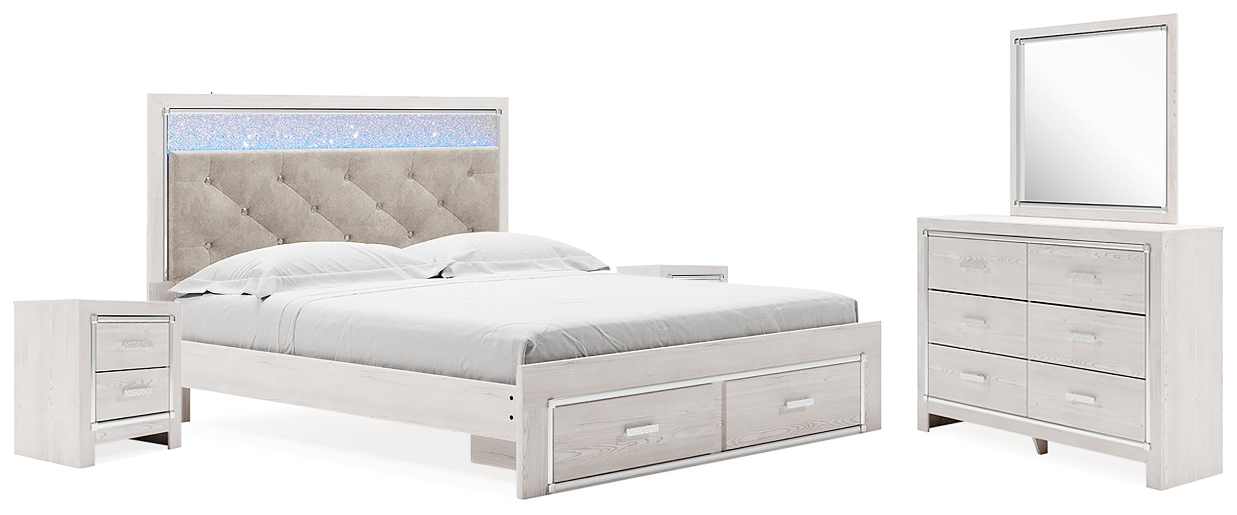 Best Furniture Outlet - Ashley Furniture - Altyra Bedroom - King Upholstered Storage Bed, Dresser, Mirror and 2 Nightstands / White - B2640B37