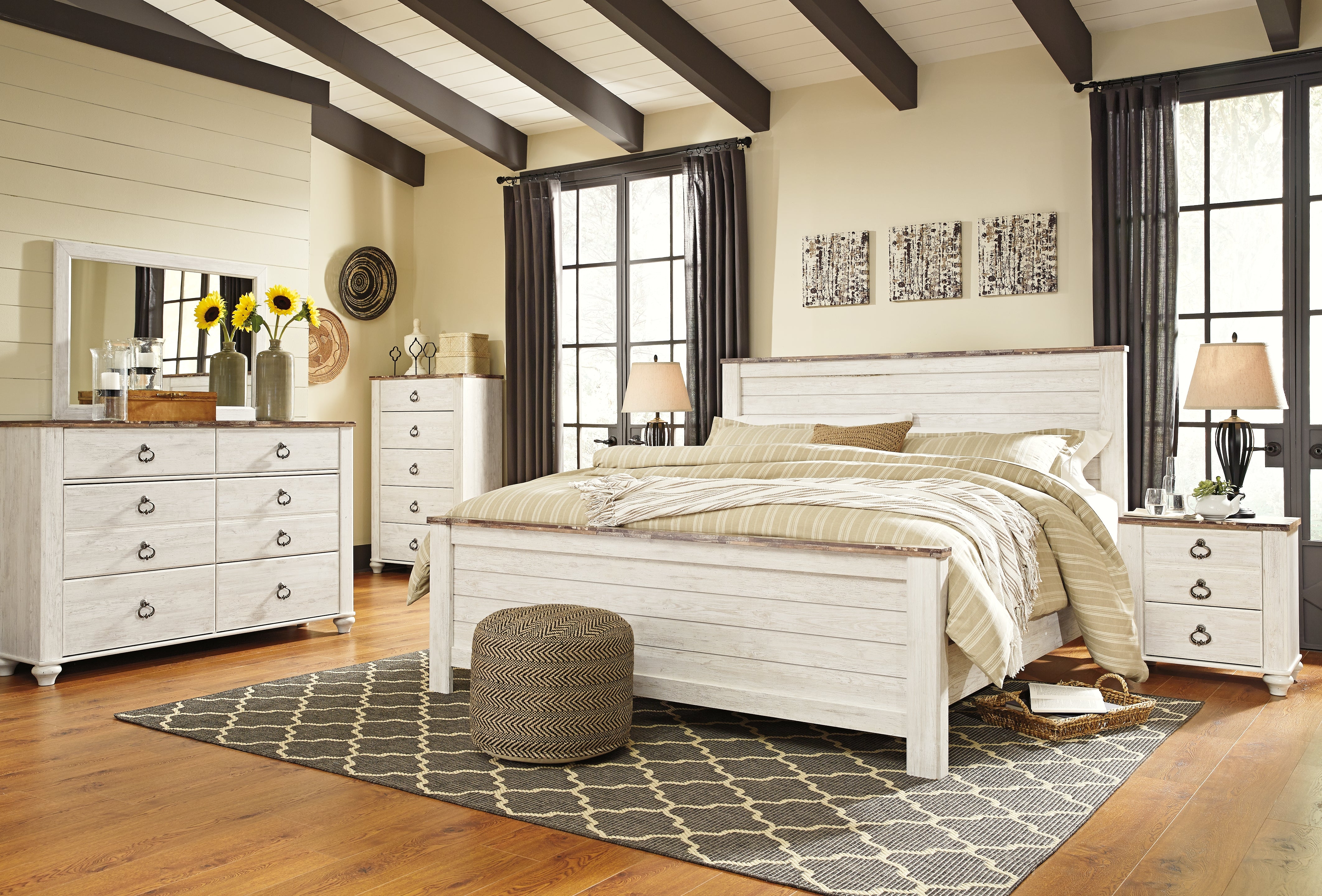 Best Furniture Outlet - Ashley Furniture - Willowton Bedroom - King Panel Bed, Dresser, Mirror, Chest and 2 Nightstands / Whitewash - B267B45
