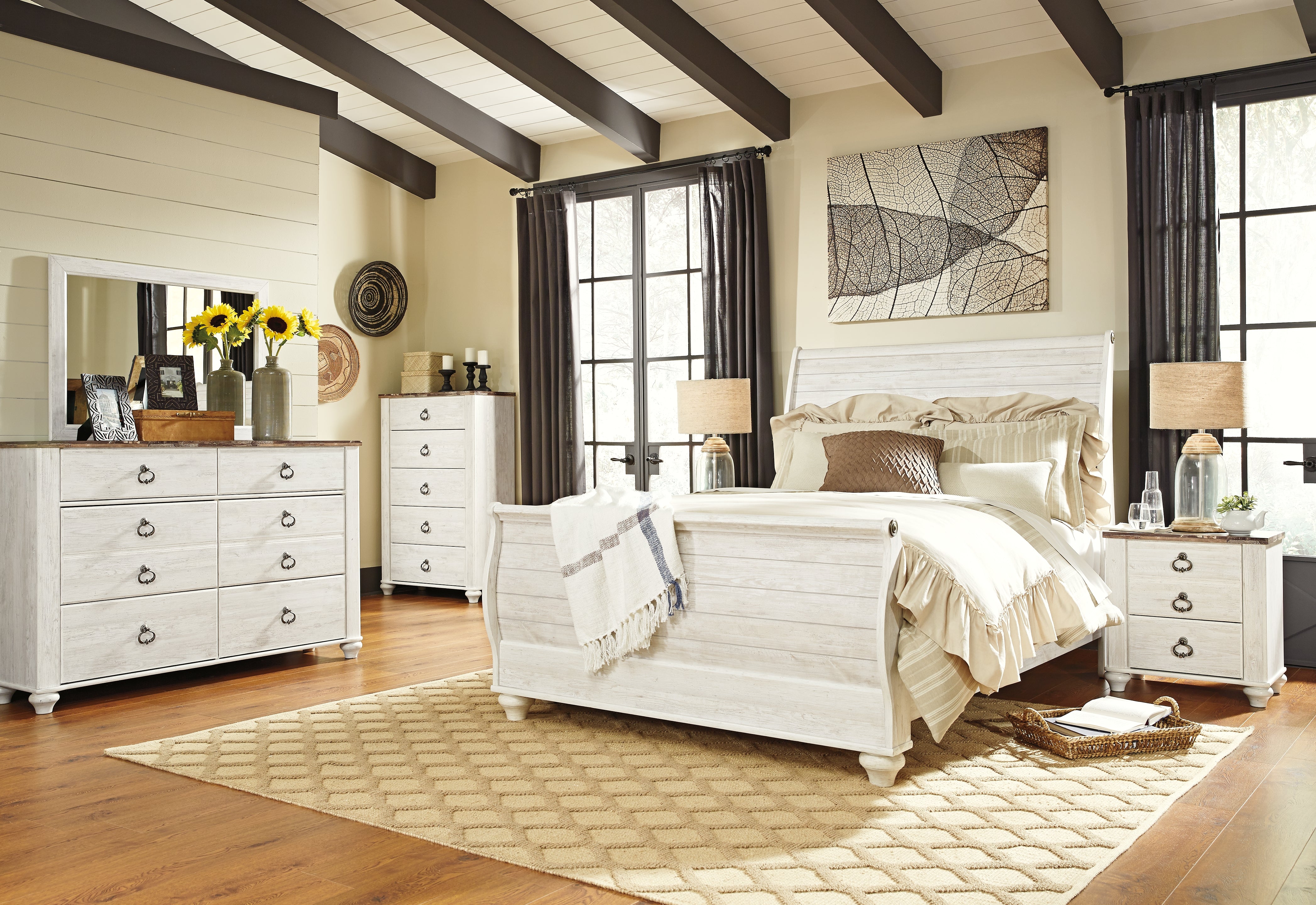 Best Furniture Outlet - Ashley Furniture - Willowton Bedroom - Queen Sleigh Bed, 2 Dressers, Mirror, Chest and 2 Nightstands / Whitewash - B267B39