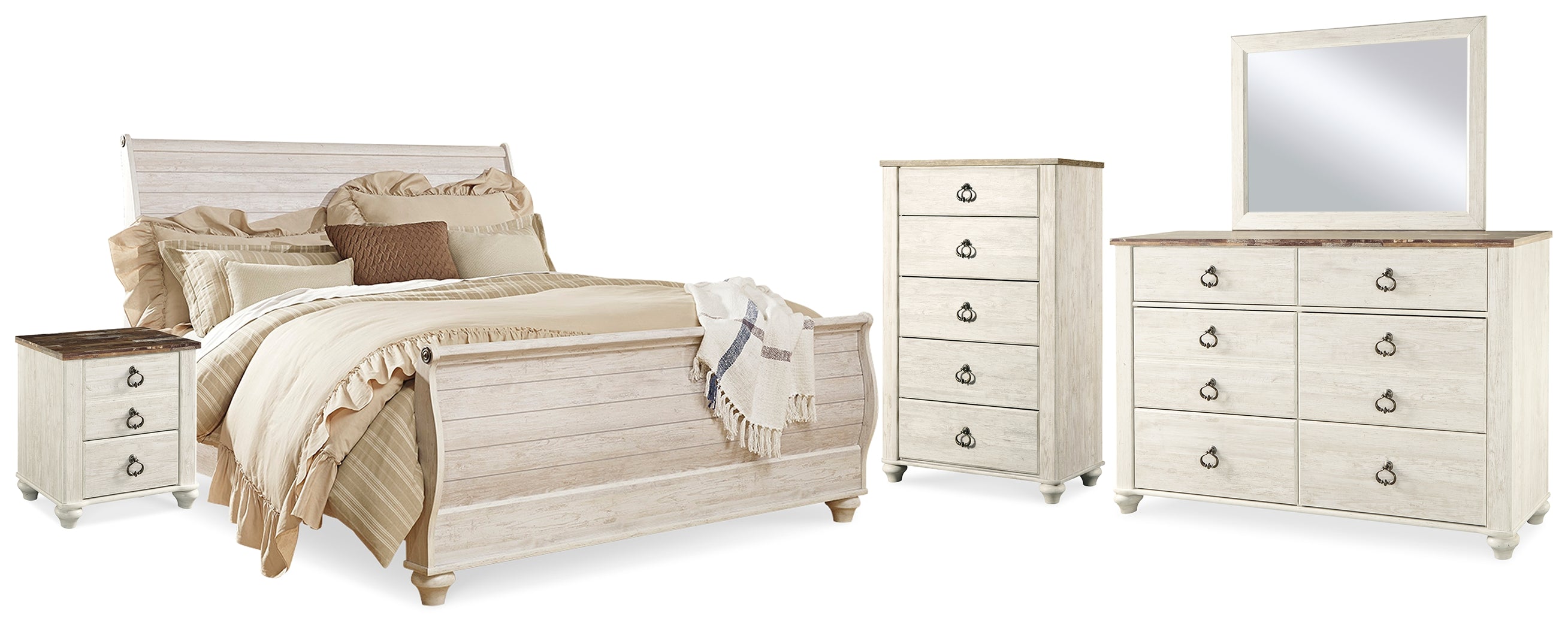 Best Furniture Outlet - Ashley Furniture - Willowton Bedroom - King Sleigh Bed, Dresser, Mirror, Chest and 2 Nightstands / Whitewash - B267B44