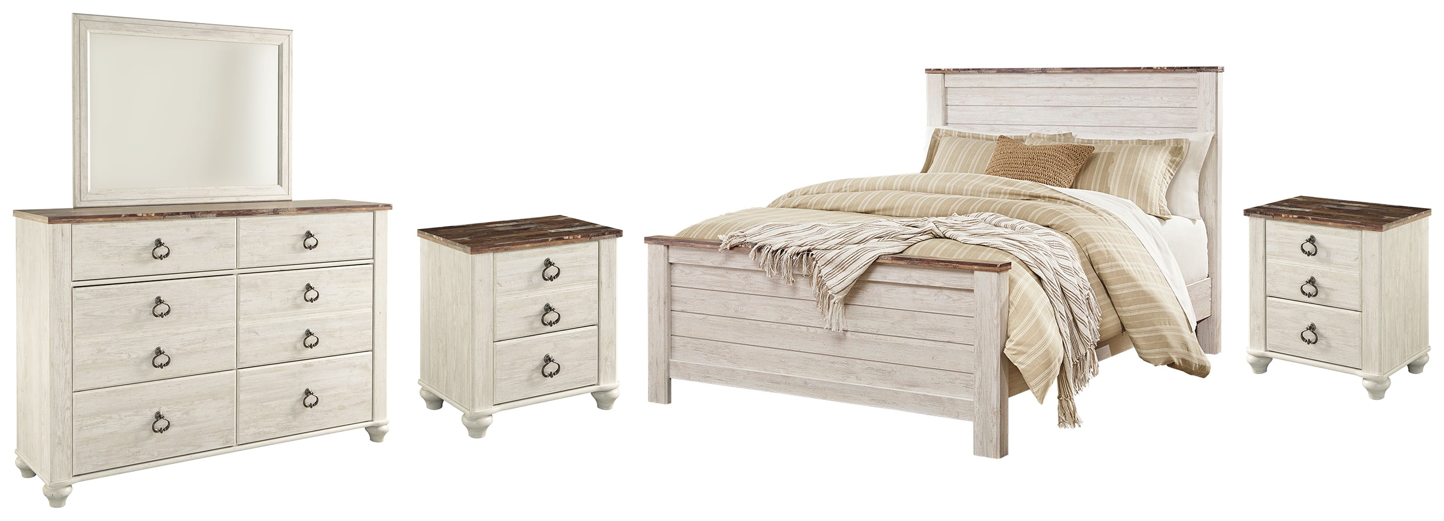 Best Furniture Outlet - Ashley Furniture - Willowton Bedroom - Queen Panel Bed, Dresser, Mirror and 2 Nightstands / Whitewash - B267B35