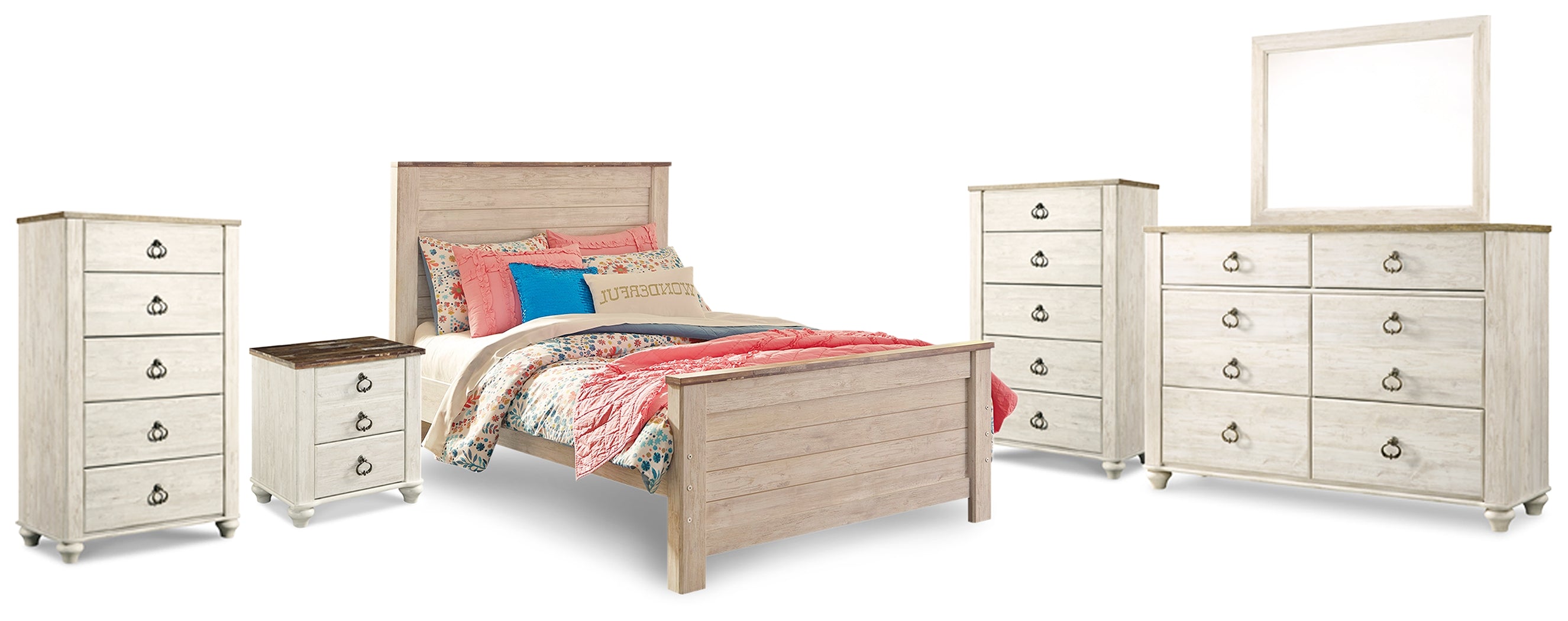 Best Furniture Outlet - Ashley Furniture - Willowton Bedroom - Full Panel Bed, Dresser, Mirror, 2 Chests and nightstand / Whitewash - B267B40