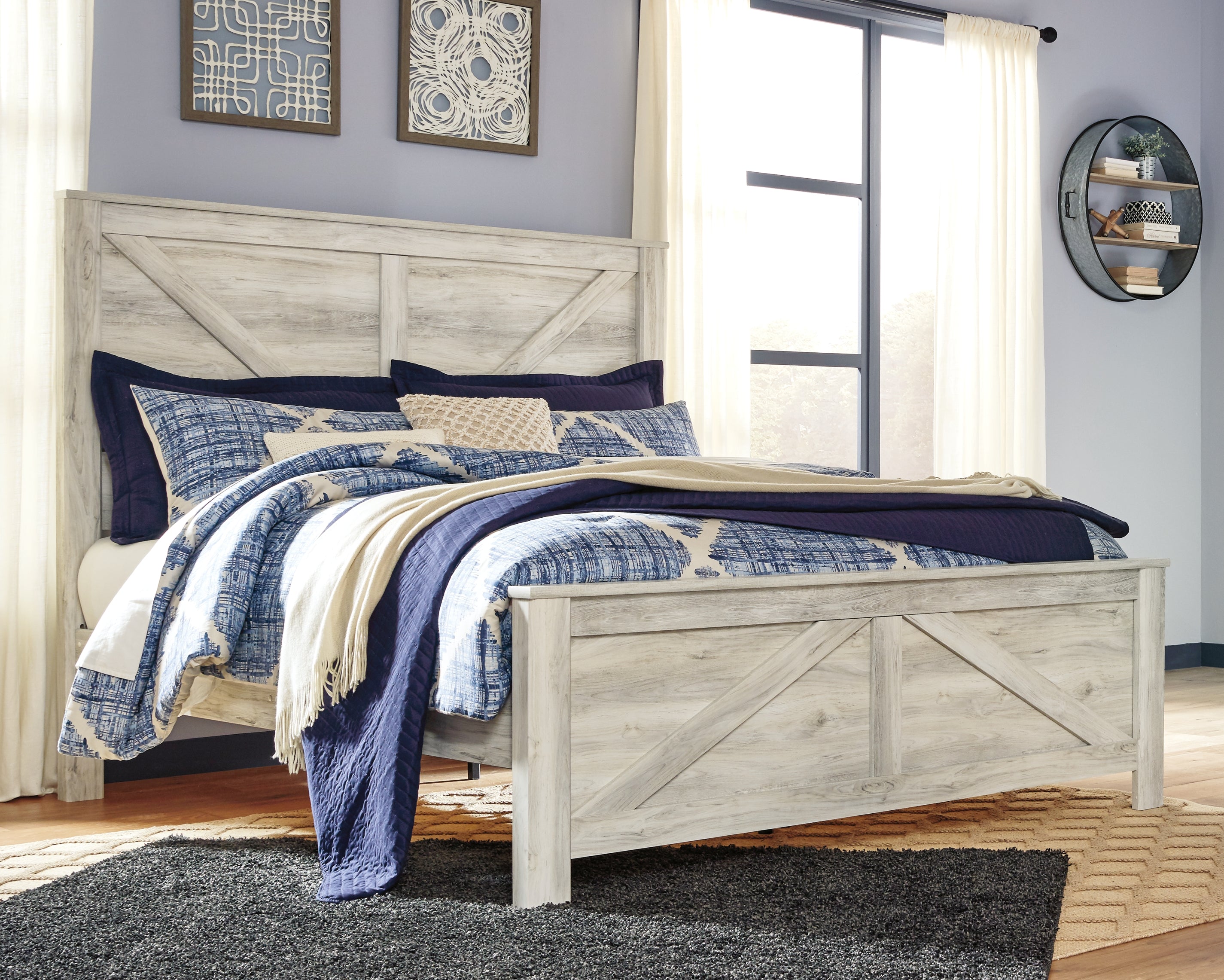 Best Furniture Outlet - Ashley Furniture - Bellaby Bedroom - King Crossbuck Panel Bed / Whitewash - B331B10