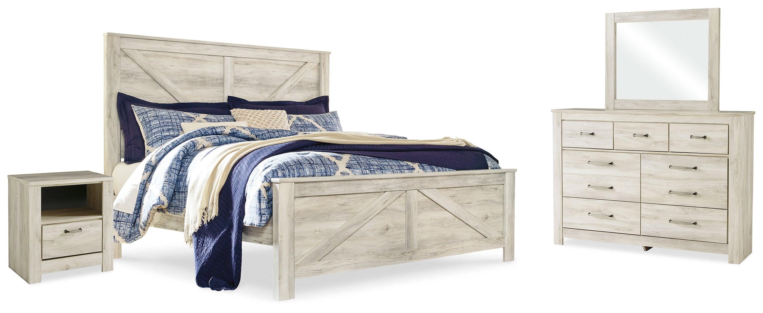 Best Furniture Outlet - Ashley Furniture - Bellaby Bedroom - King Crossbuck Panel Bed, Dresser, Mirror, and Nightstand / Whitewash - B331B15