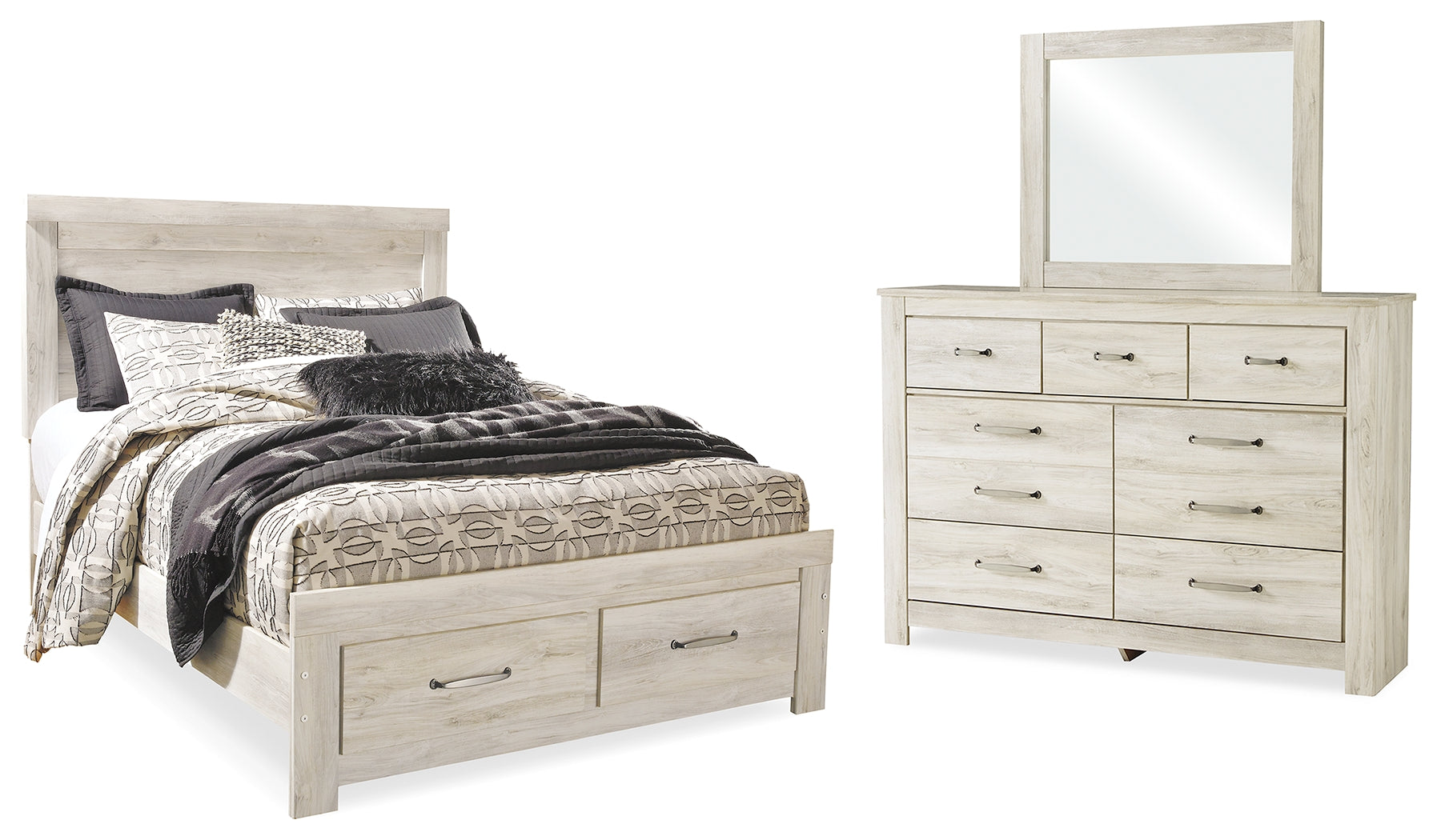 Best Furniture Outlet - Ashley Furniture - Bellaby Bedroom - Queen Panel Storage Bed, Dresser and Mirror / Whitewash - B331B5