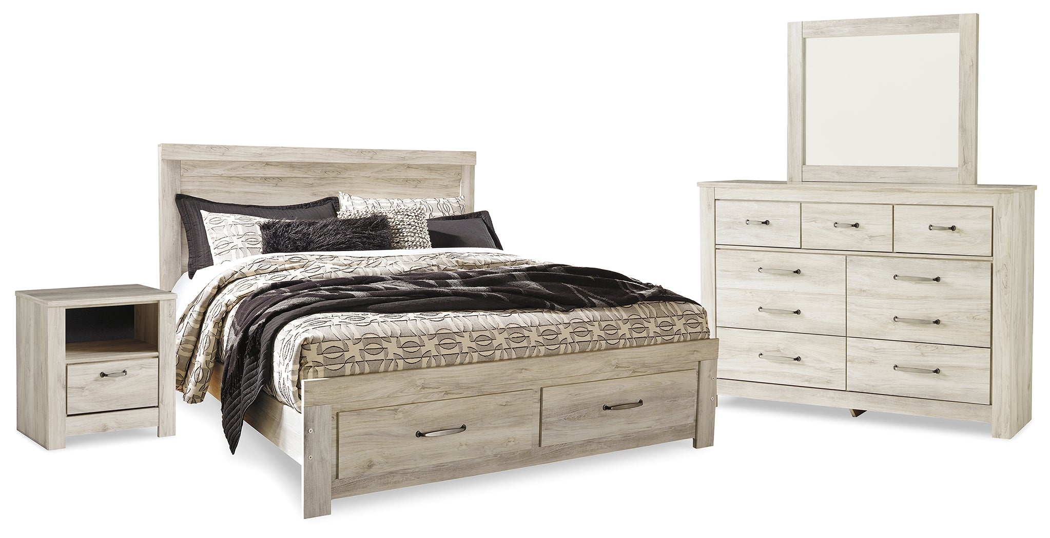 Best Furniture Outlet - Ashley Furniture - Bellaby Bedroom - King Panel Storage Bed, Dresser, Mirror and Nightstand / Whitewash - B331B12